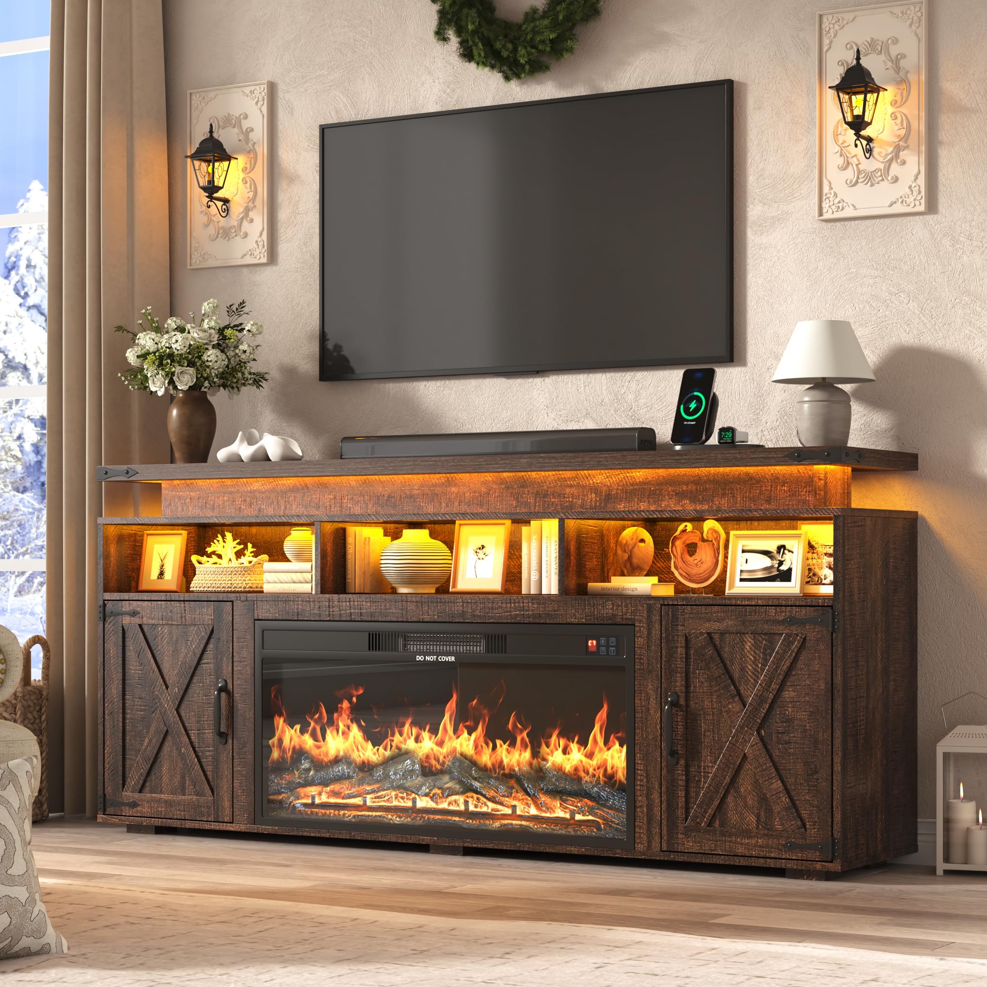 70" Fireplace TV Stand with Electric Fireplace & Storage