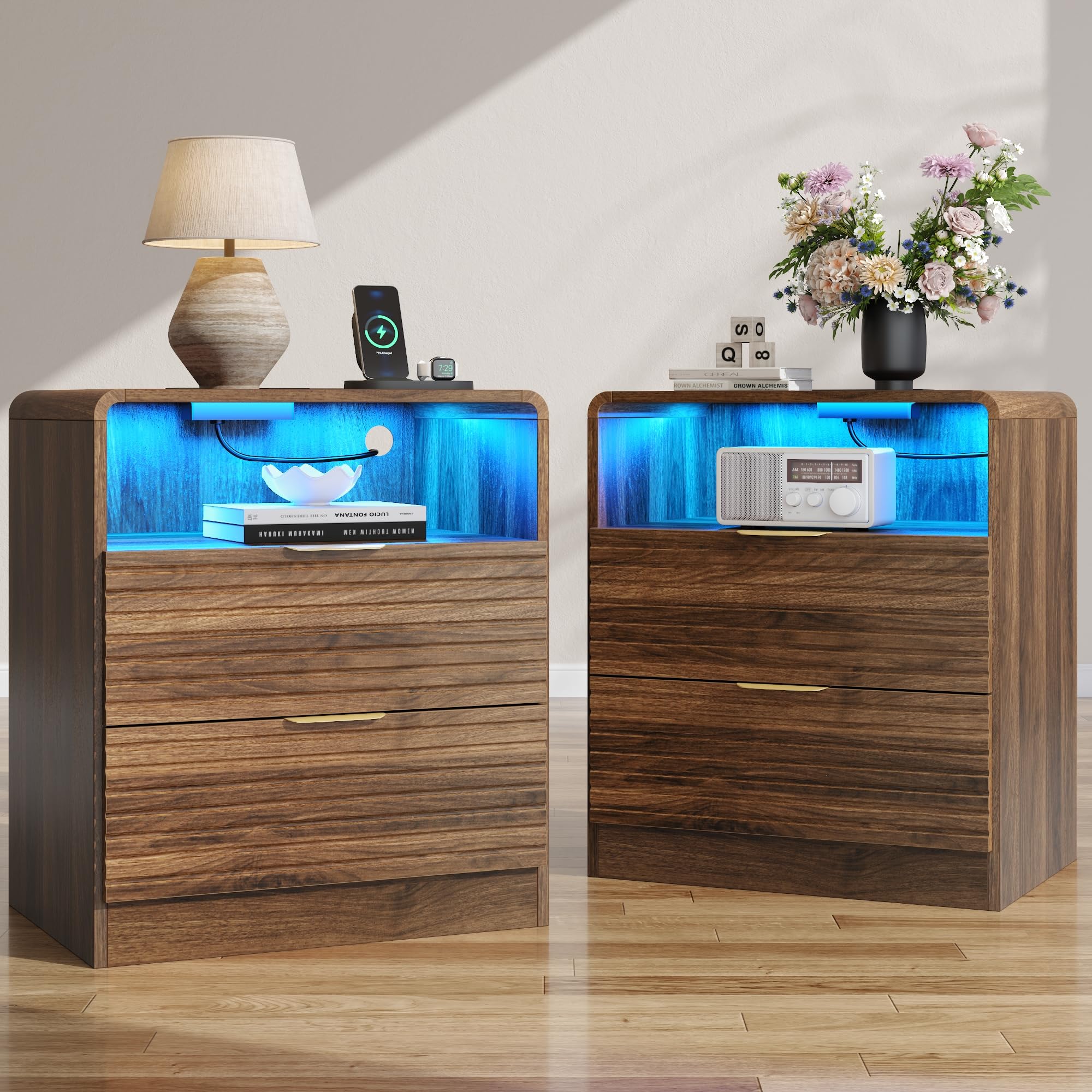 Fluted Nightstand with Charging Station & LED Lights