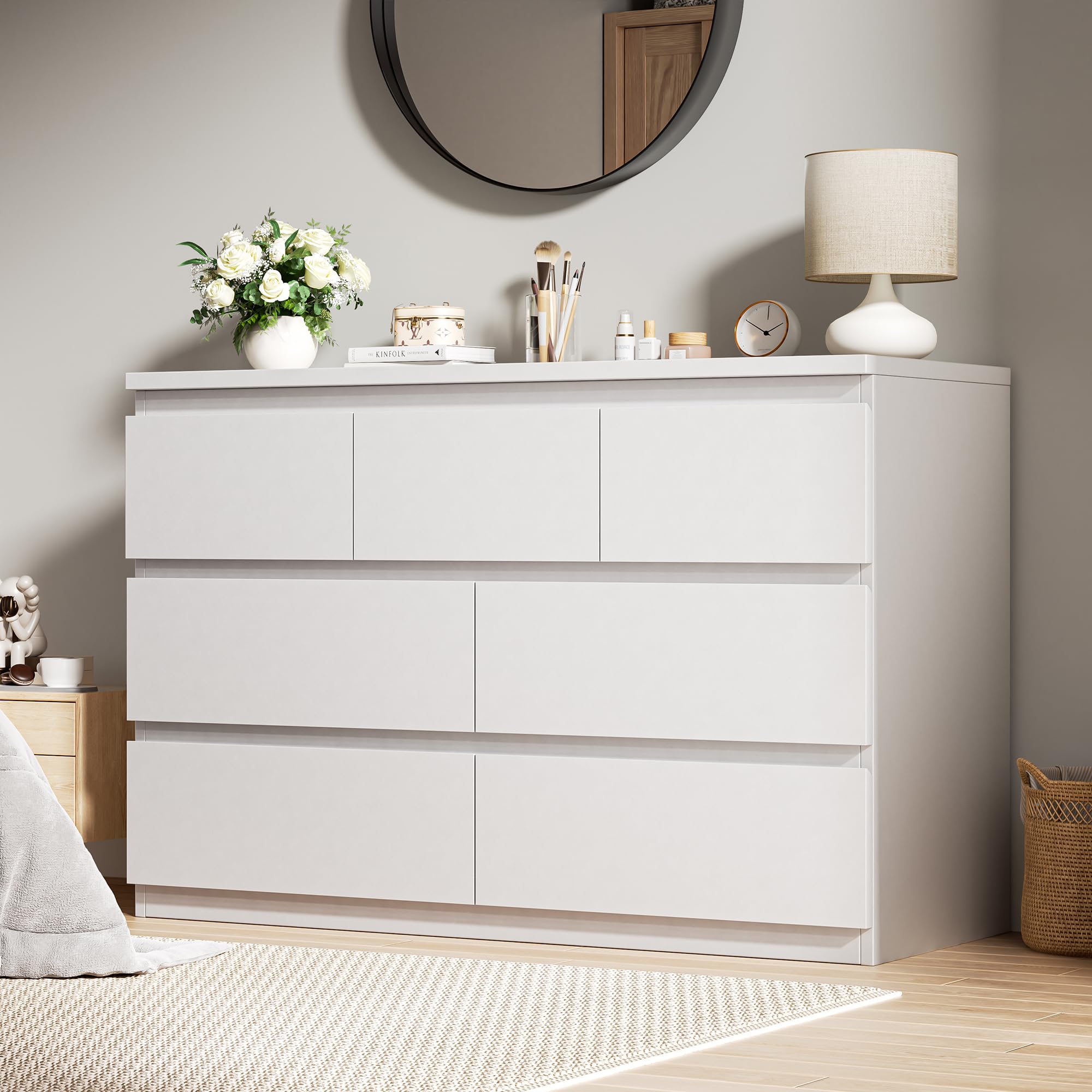 Orgobysol White 7 Drawer Dresser for Bedroom,Modern Wood Chest of Drawers,Closet Clothes Storage Organizer with Deep Drawers for Living Room Hallway Entryway,Nursery (15.3" D x 47.2" W x 32.3" H)