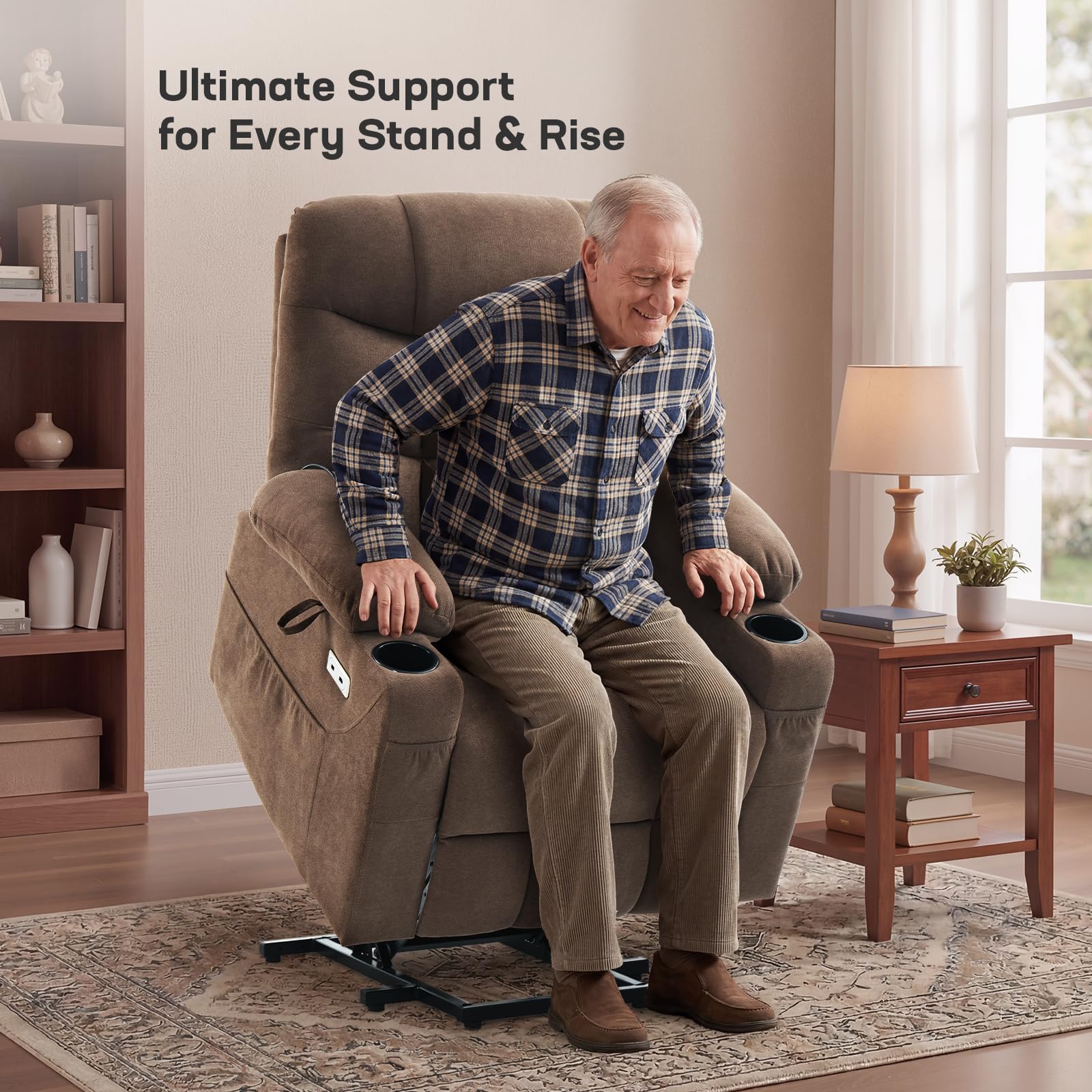Tami Tami Dual Motor Power Lift Chair Recliner for Elderly with Massage and Heat, Infinite Position Electric Lift Recliner with USB A&C, Cup Holders (T6012 - Linen Fabric, Brown, Medium)