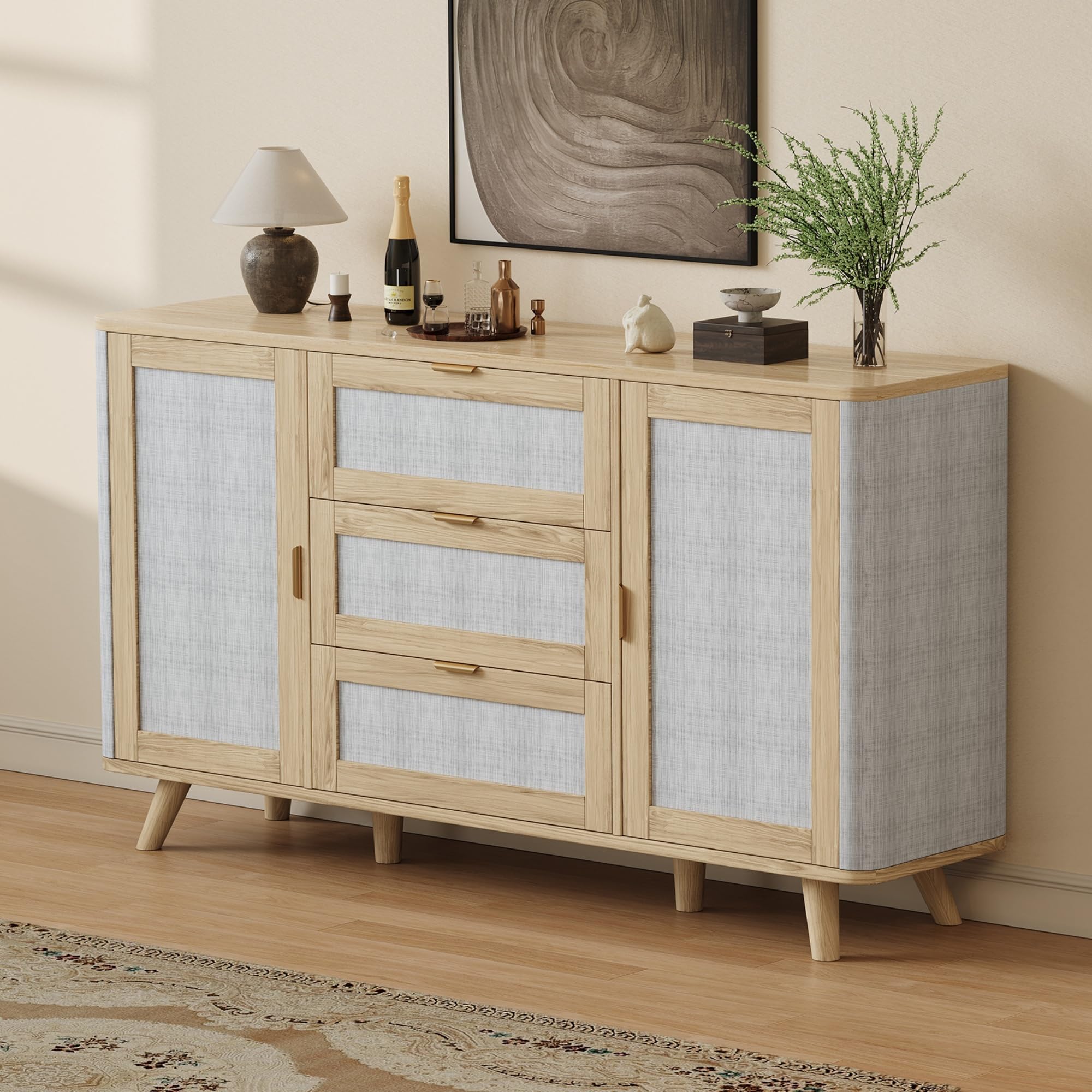 FAVSH 63" Large Farmhouse Storage Cabinet with 3 Drawers 2 Doors, Wood Buffet Sideboard Cabinet Coffee Bar for Kitchen, Living Room