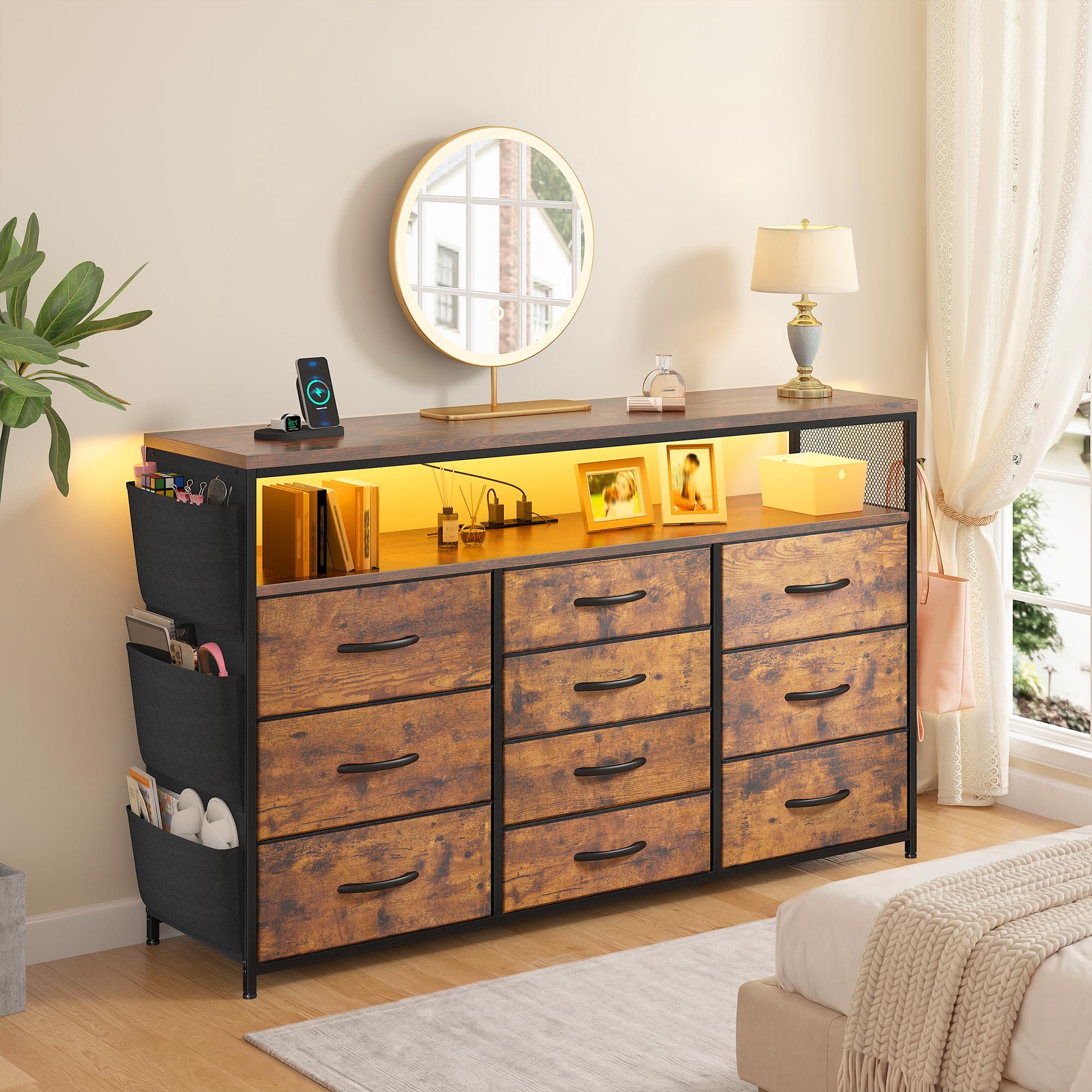 EnHomee Dresser for Bedroom with 10 Drawers, 55" TV Stands with LED Lights & Power Outlets, Dressers with Shelves & Side Pockets, Hooks for Hallway,Rustic Brown