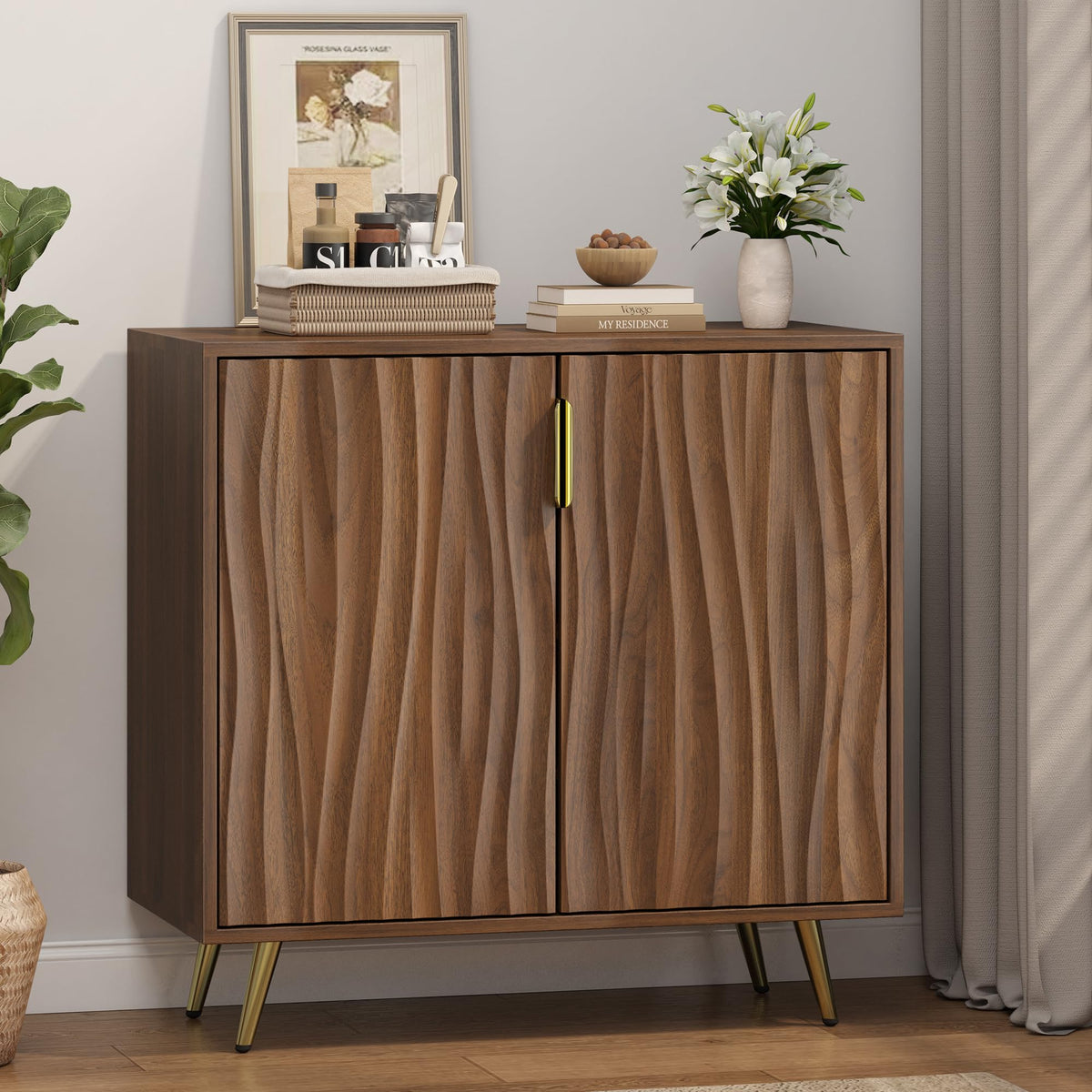 Dorivibe Sideboard Buffet Cabinet, 31.5" Walnut Storage Cabinet, Water Ripple Doors, 4-Tier Adjustable Shelves, 15.6" Deep Mid-Century Accent Cabinet for Dining Room, Living Room, Entryway