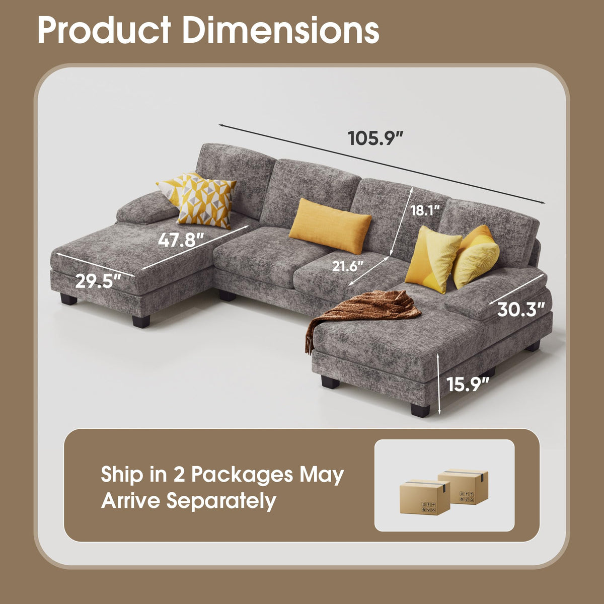 Furmax Sectional Couches for Living Room, Chenille, Grey