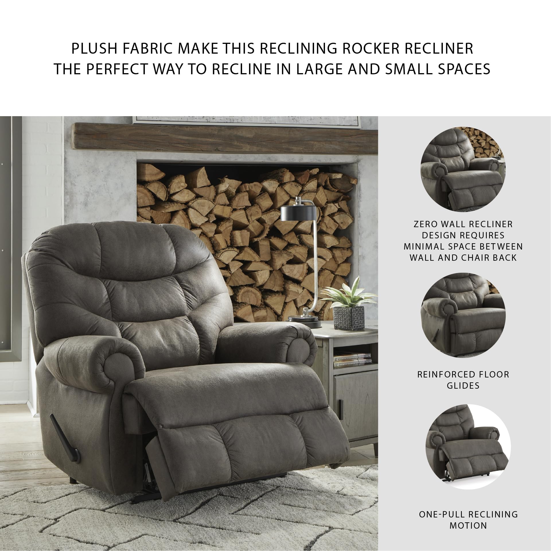 Signature Design by Ashley Camera Time Classic Tufted Faux Leather Zero Wall Recliner, Gray
