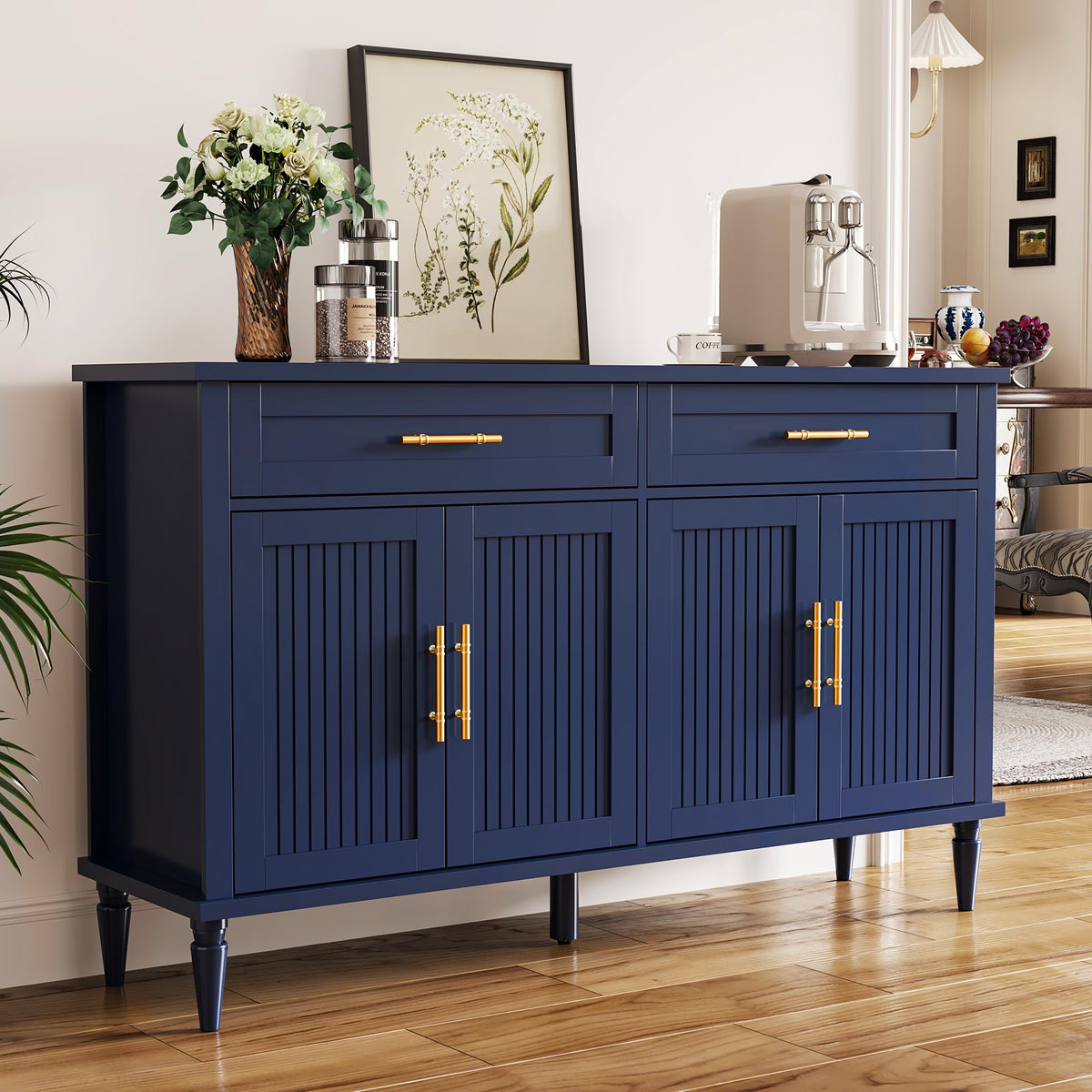 ZOSQUARE 58 Inch Sideboard Buffet Cabinet with Storage, Fluted Buffet Storage Cabinet with 2 Drawers and 4 Doors, Modern Coffee Bar with Adjustable Shelves for Living Room, Kitchen (Blue)