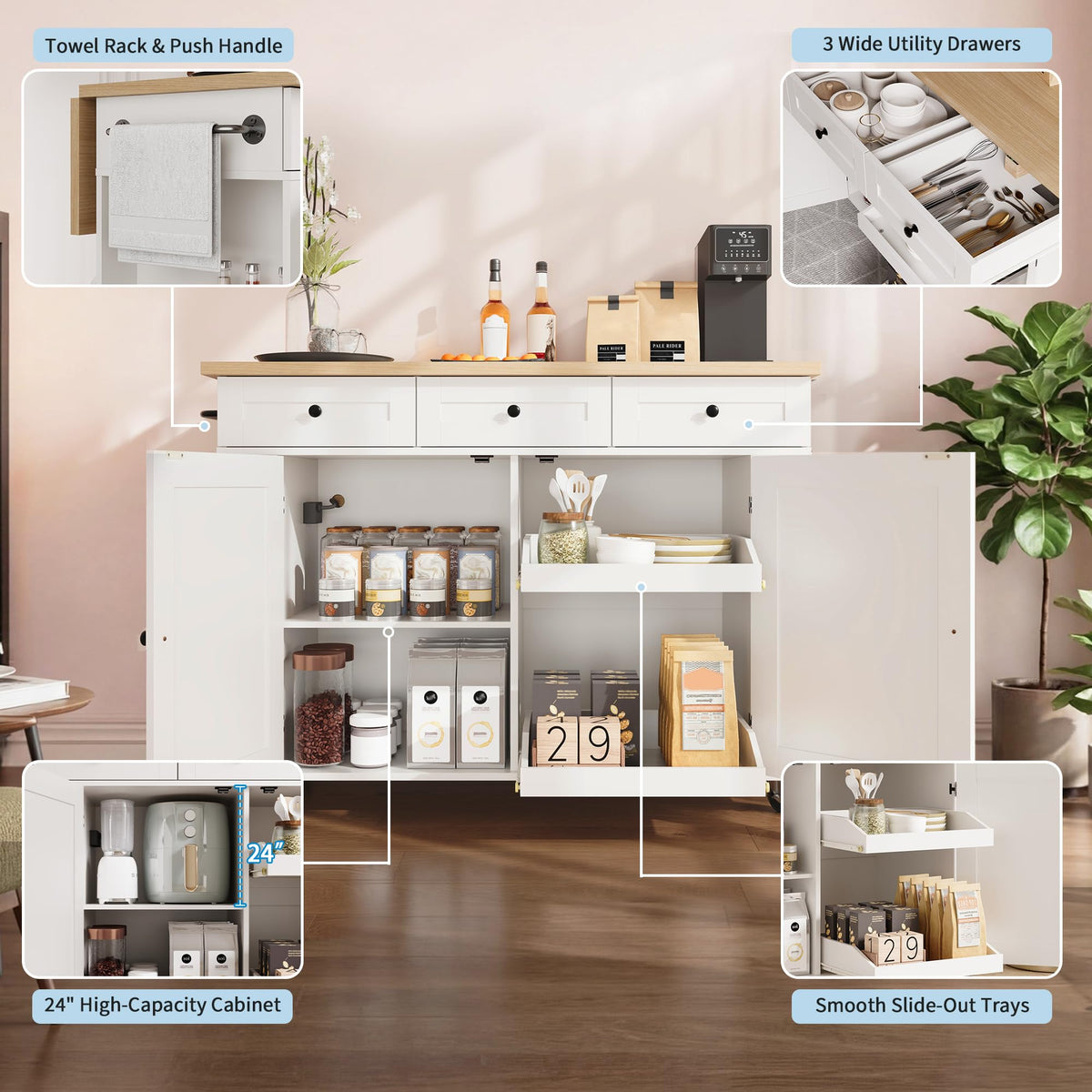 GarveeHome Rolling Kitchen Island with Drop Leaf Countertop, Charging Station & Ample Storage - 47.2 in Mobile Kitchen Cart On Wheels with Pull-Out Shelves, Drawers, Spice Rack & Organizer Divider