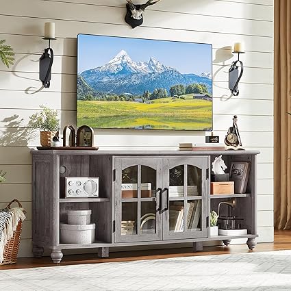 Farmhouse TV Stand with Glass Doors & Adjustable Shelves, 60"