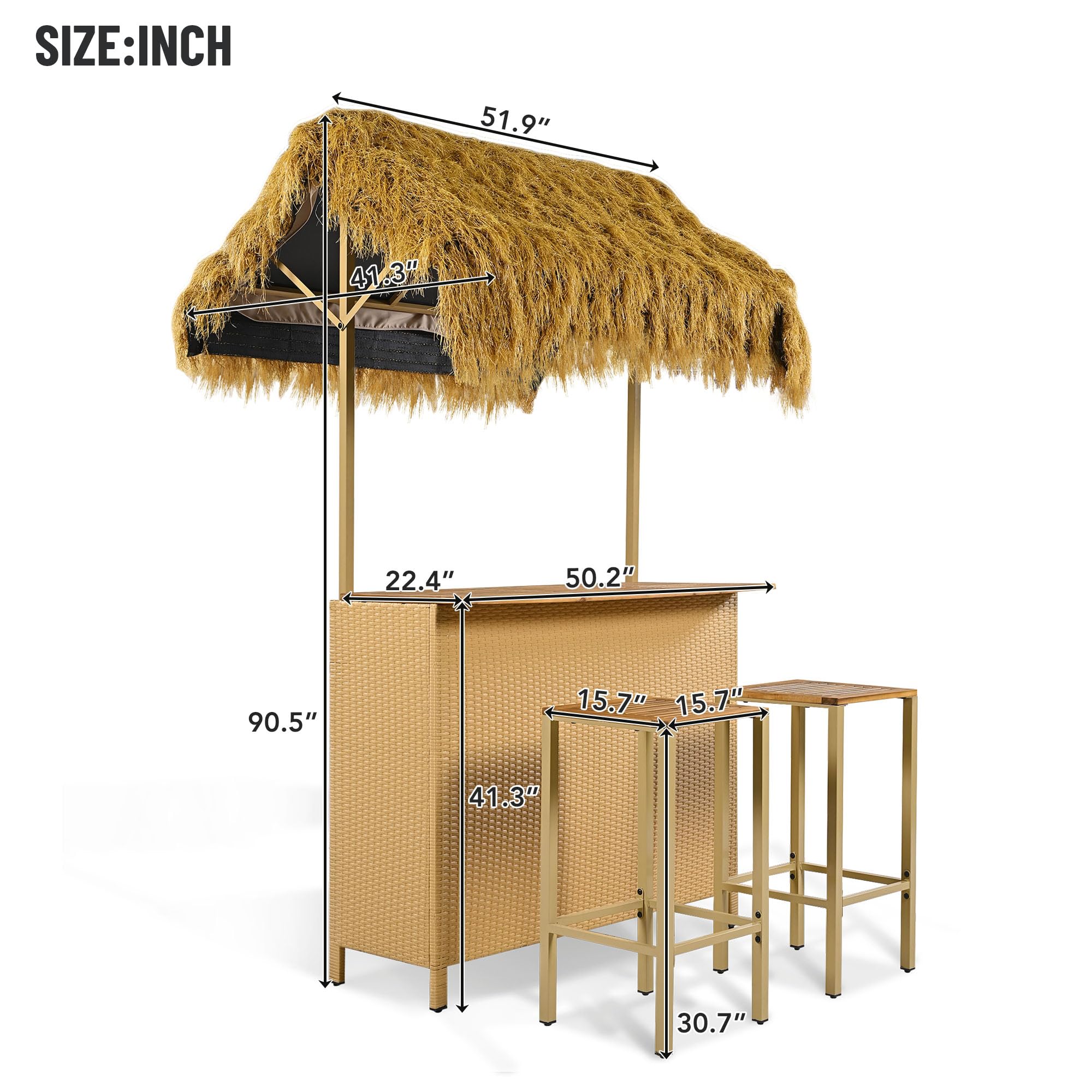 LUMISOL Outdoor Bar Table and Stools, Hawaiian Style Bar Height Patio Set with PE Grass Canopy, Acacia Wood Top and Adjustable Feet, 3 Piece Wicker Island Bar and 2 Stools, Natural