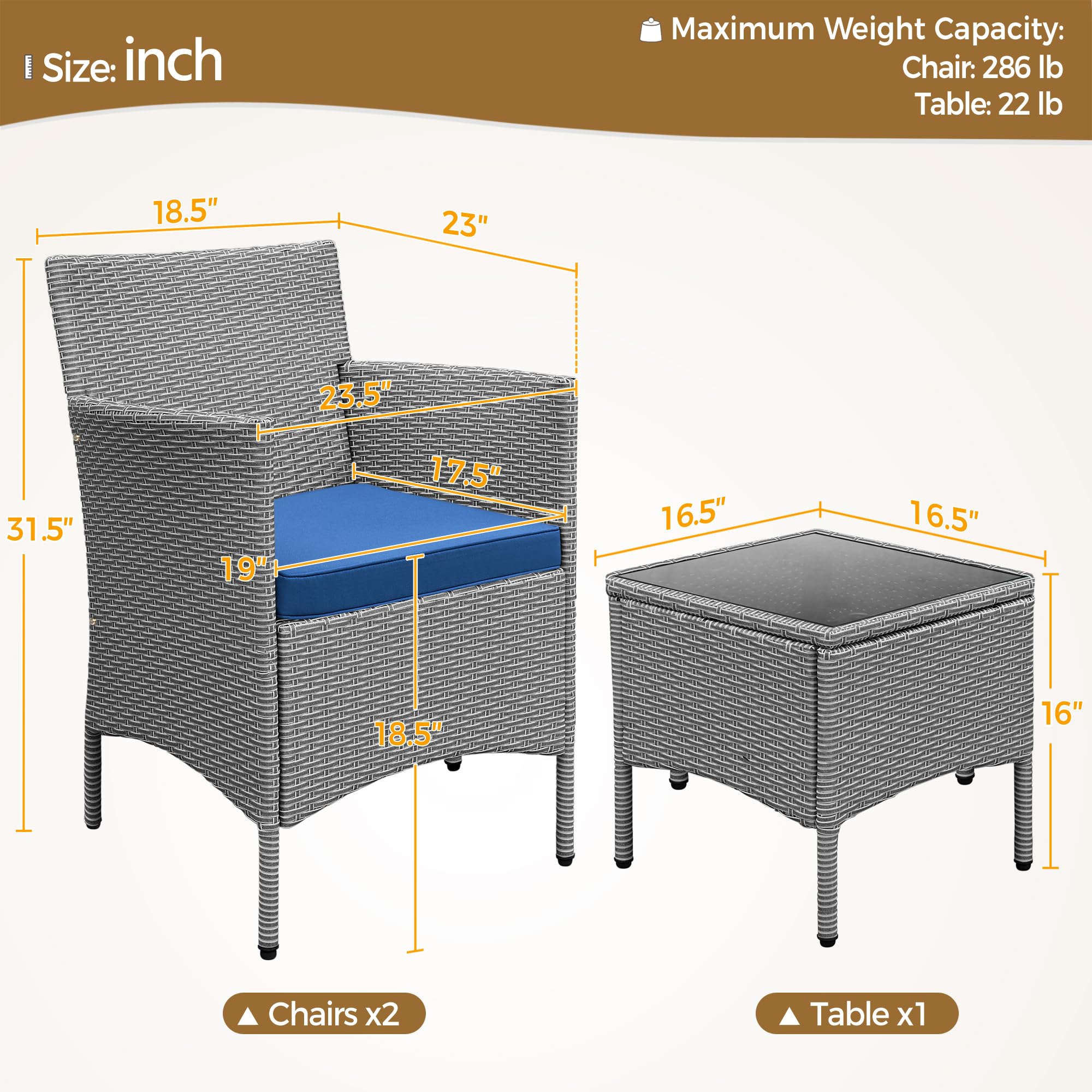 Yaheetech 3 Pieces Patio Porch Furniture Set, Outdoor PE Rattan Wicker Conversation Set with Soft Cushions, Glass Coffee Table & 2 Chairs for Garden/Deck/Courtyard/Poolside, Gray/Dark Blue