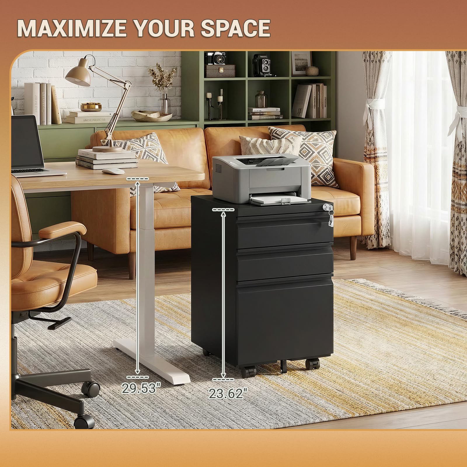 3-Drawer Locking Metal Filing Cabinet with Wheels