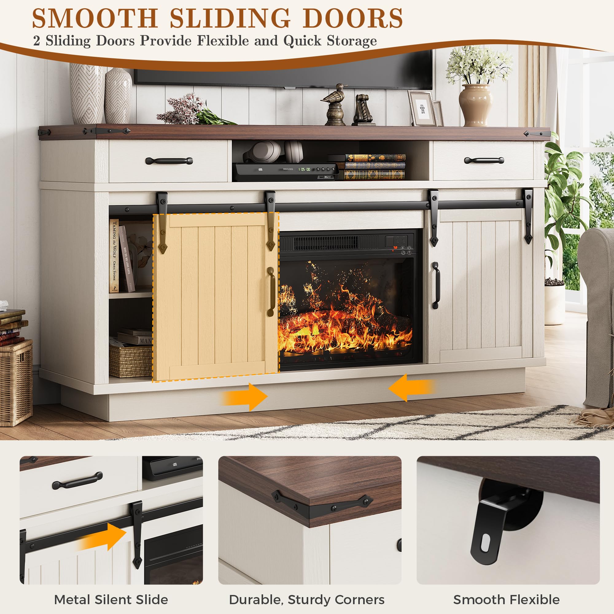 58" Farmhouse Fireplace TV Stand with LED Lights