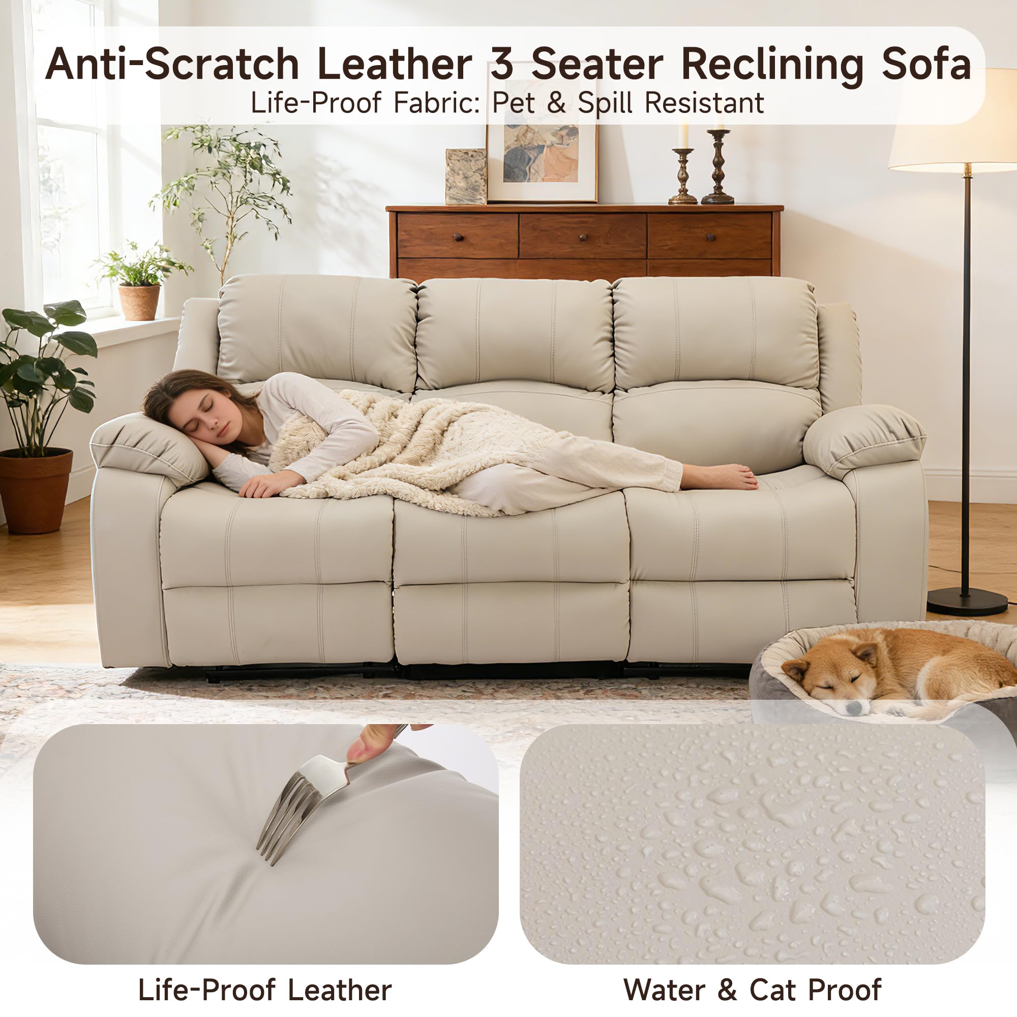 Reclining Loveseat Sofa Leather Recliner Sofa 3 Seater Couch for Living Room, Home Theater Seating(3 Seat,Beige)