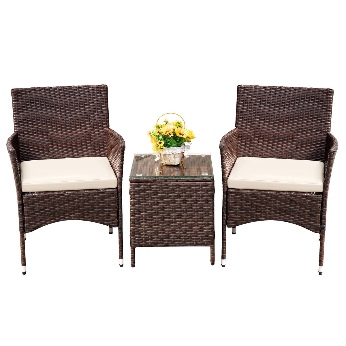 3 Piece Wicker Patio Conversation Set, Brown/Beige