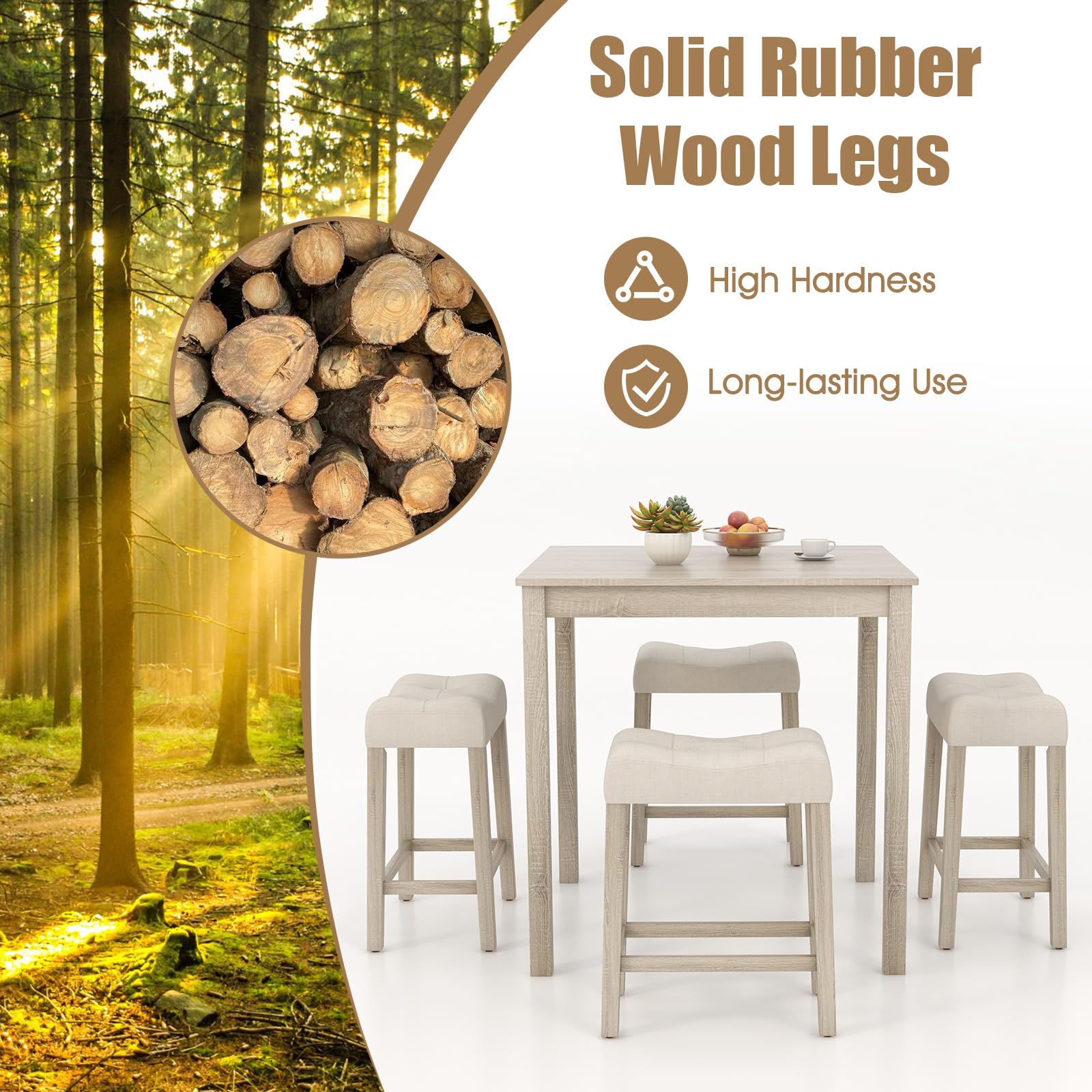NAFORT 5 PCS Small Dining Table Set, Farmhouse Breakfast Nook Set with 4 Upholstered Saddle Stools, Space-Saving Wooden Bar Table Set for Living Room, Dining Room, Home Bar& Kitchen