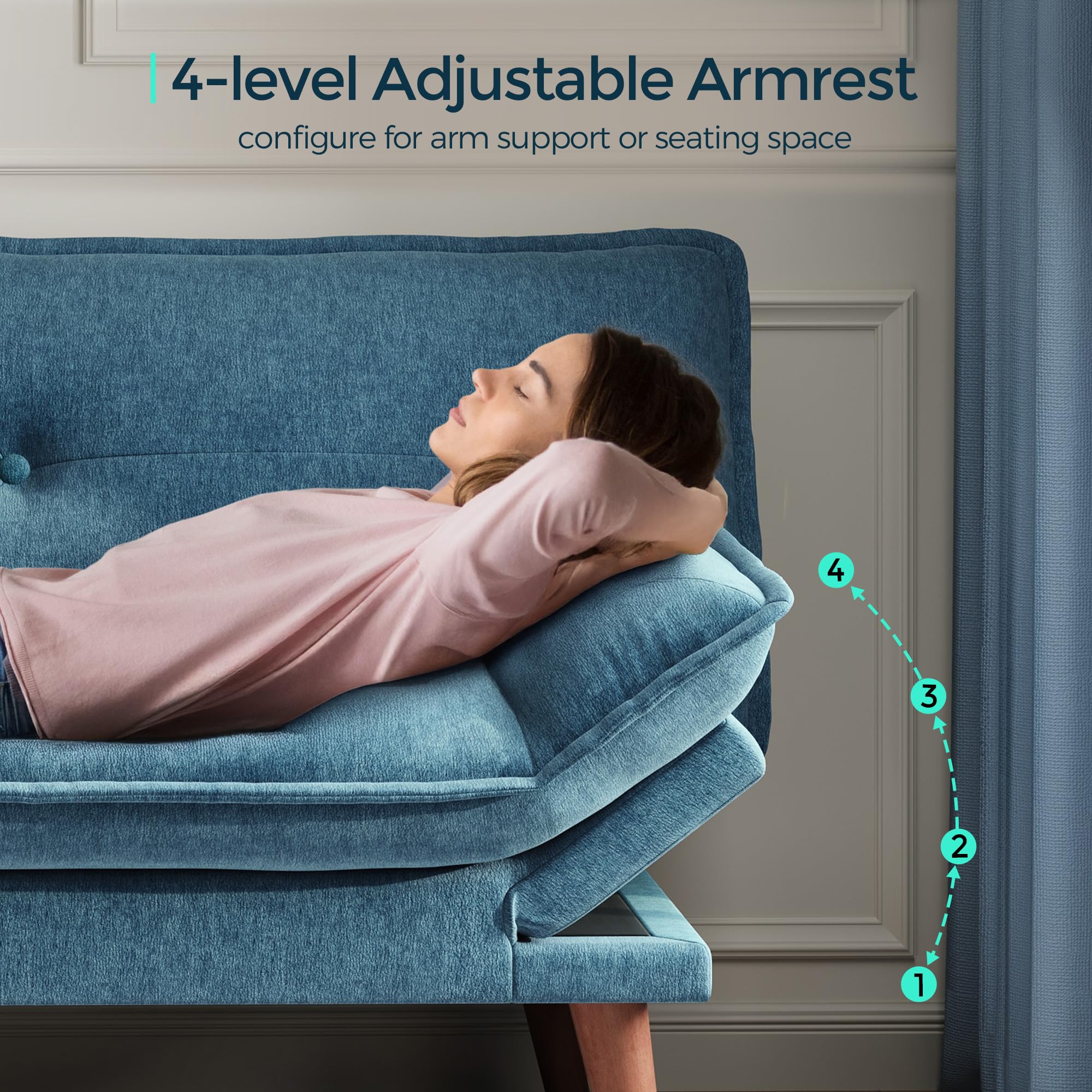 LINSY HOME Futon Sofa Bed, 70" Chenille Futon Couch with Adjustable Backrest Armrest, 3 in 1 Convertible Comfy Loveseat Sleeper Sofa Bed for Small Spaces Dorm Room Apartment Home Office, Blue