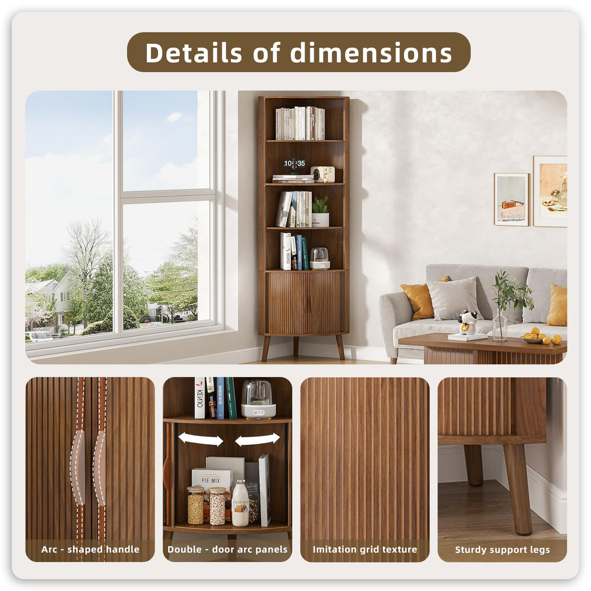 Limaoaio 66'' Tall Corner Bookshelf with 2 Fluted Sliding Doors,Walnut