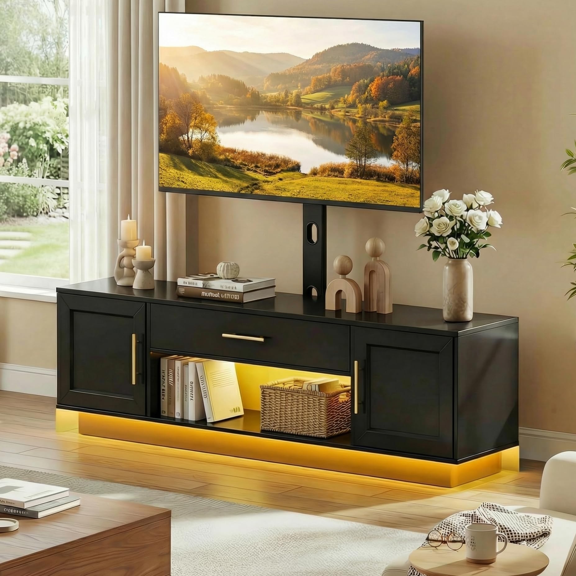 RALGEND 59" Modern TV Stand with Mount and Power Outlet, Swivel TV Stand for 32/55/65/75 inch TVs, Height Adjustable LED Entertainment Center, Media TV Console Table for Living Room, Bedroom, Black