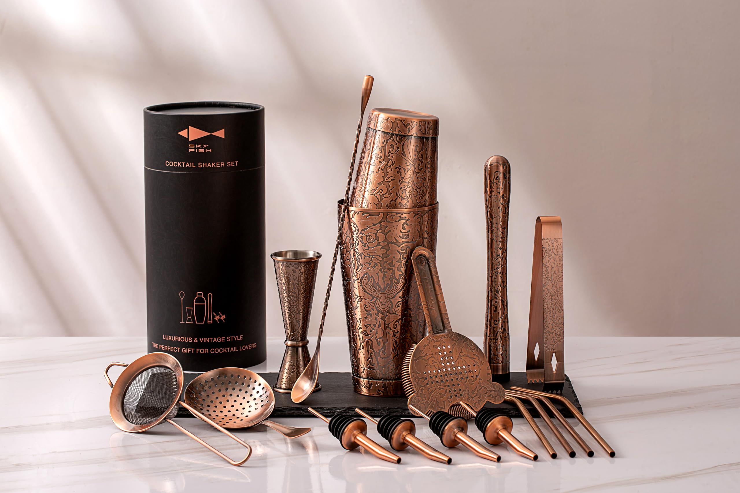Sky Fish 3D Etched 18-Piece Bartender Kit Stainless Steel Boston Cocktail Shaker Set Copper Plated Bartending Tools Suit for Bar Tools Set Mixology Enthusiasts, Professional Bartenders and Home Drink