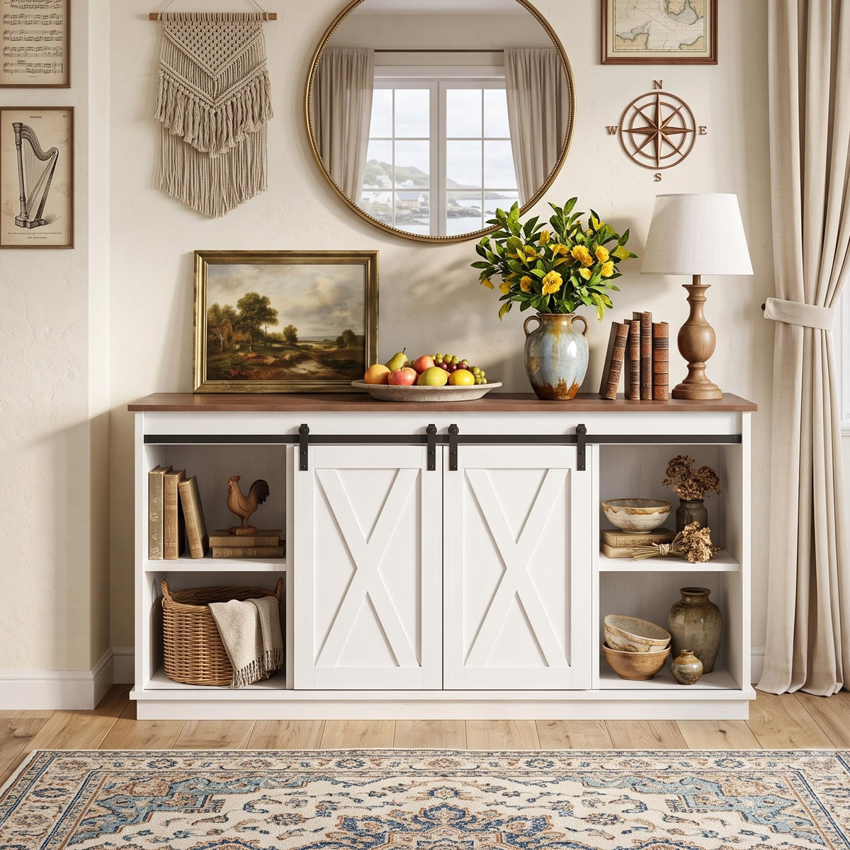 Farmhouse TV Stand for 65 Inch TV, Entertainment Center with Storage, White