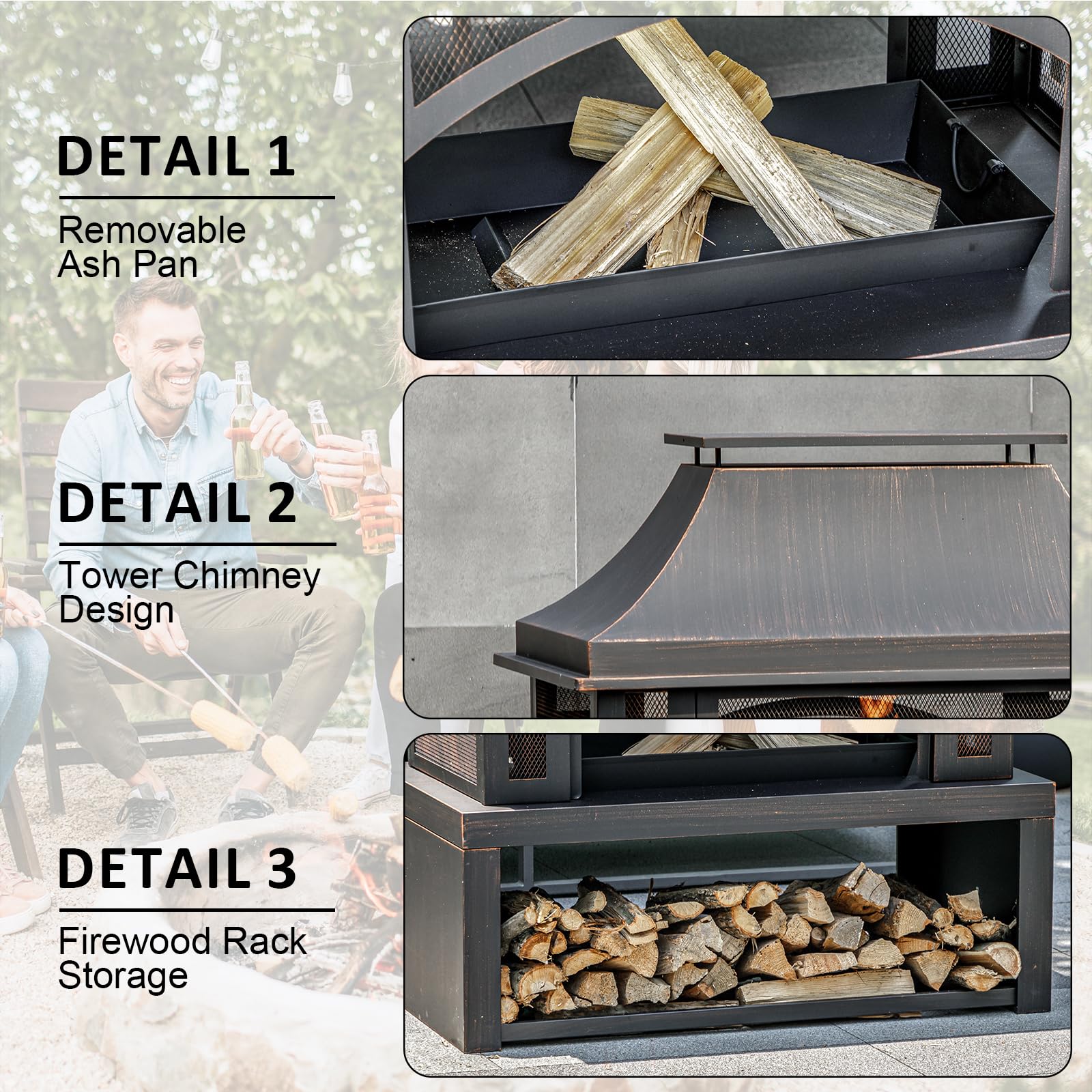 Steel Chiminea Outdoor Wood Burning Fire Pit with Chimney