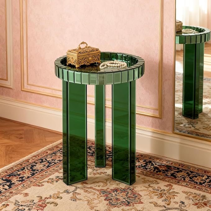 2-Tier Mirrored Round End Table with Crystal Inlay