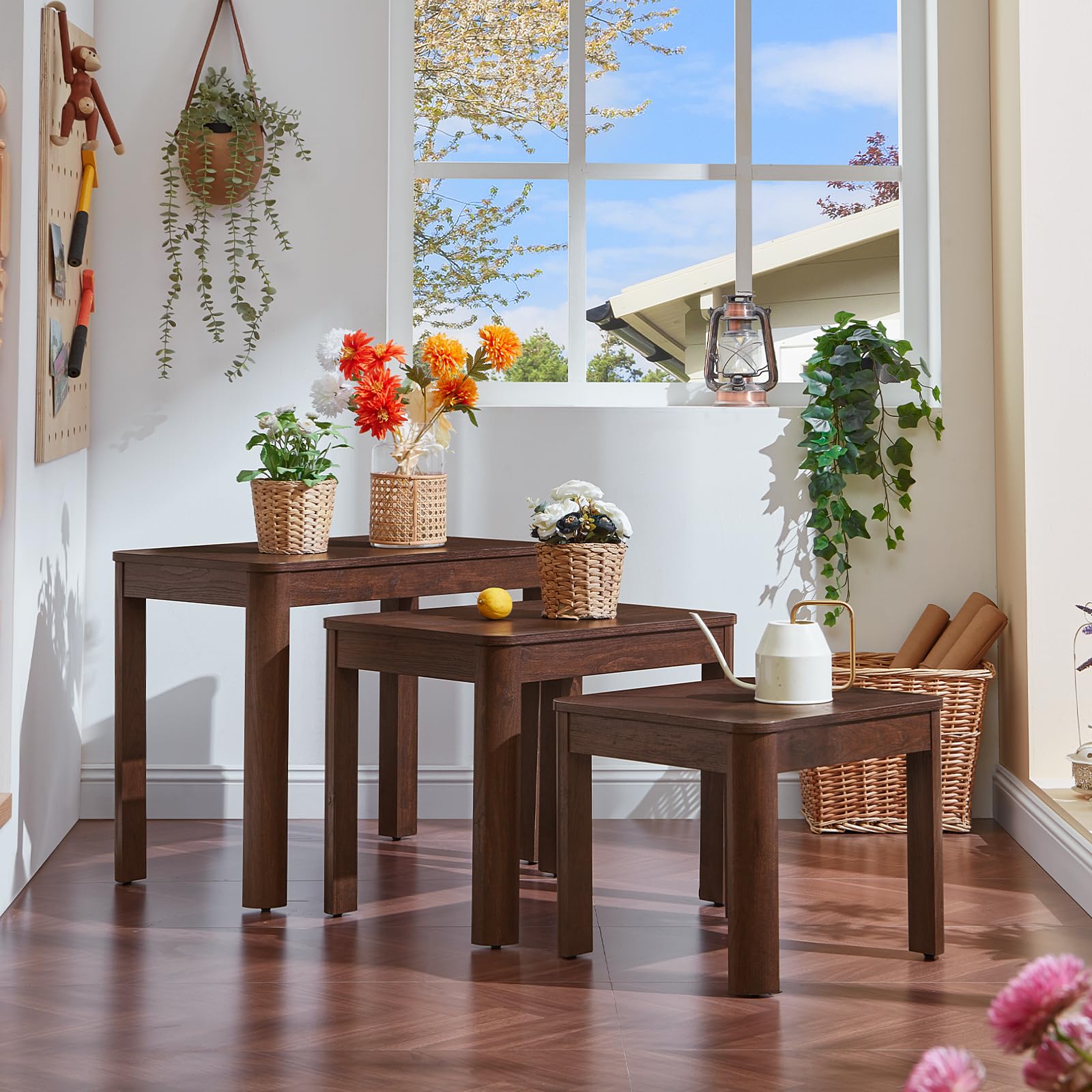 Farmhouse Nesting Coffee Tables Set of 3 – Solid Wood, Rounded Corners