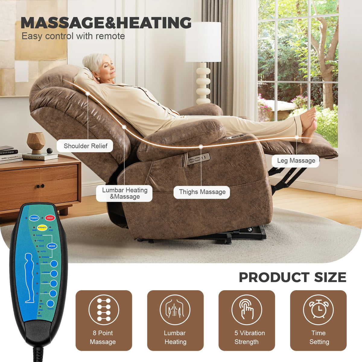 HUSFU Power Lift Recliner with Massage & Heat for Elderly, Leather, Brown