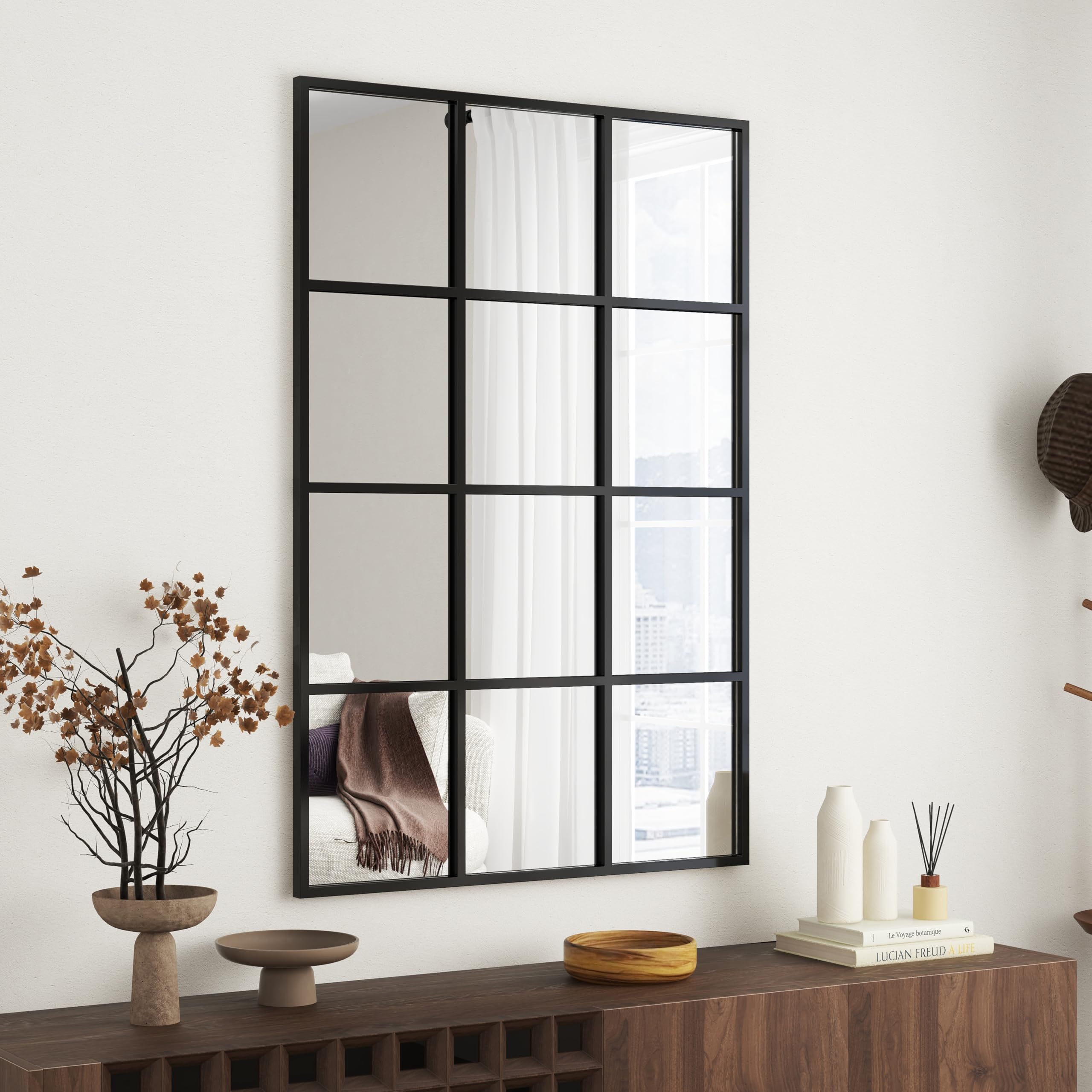 Arched Grid Wall Mirror – Matte Black, 47" x 32"