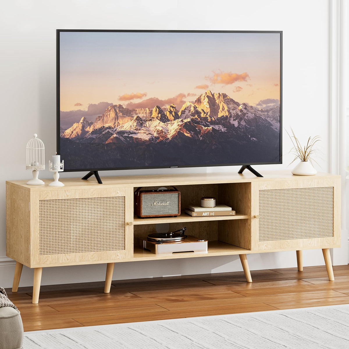 ZttRiee TV Stand with Rattan Doors for TVs up to 65", Mid-Century, Natural