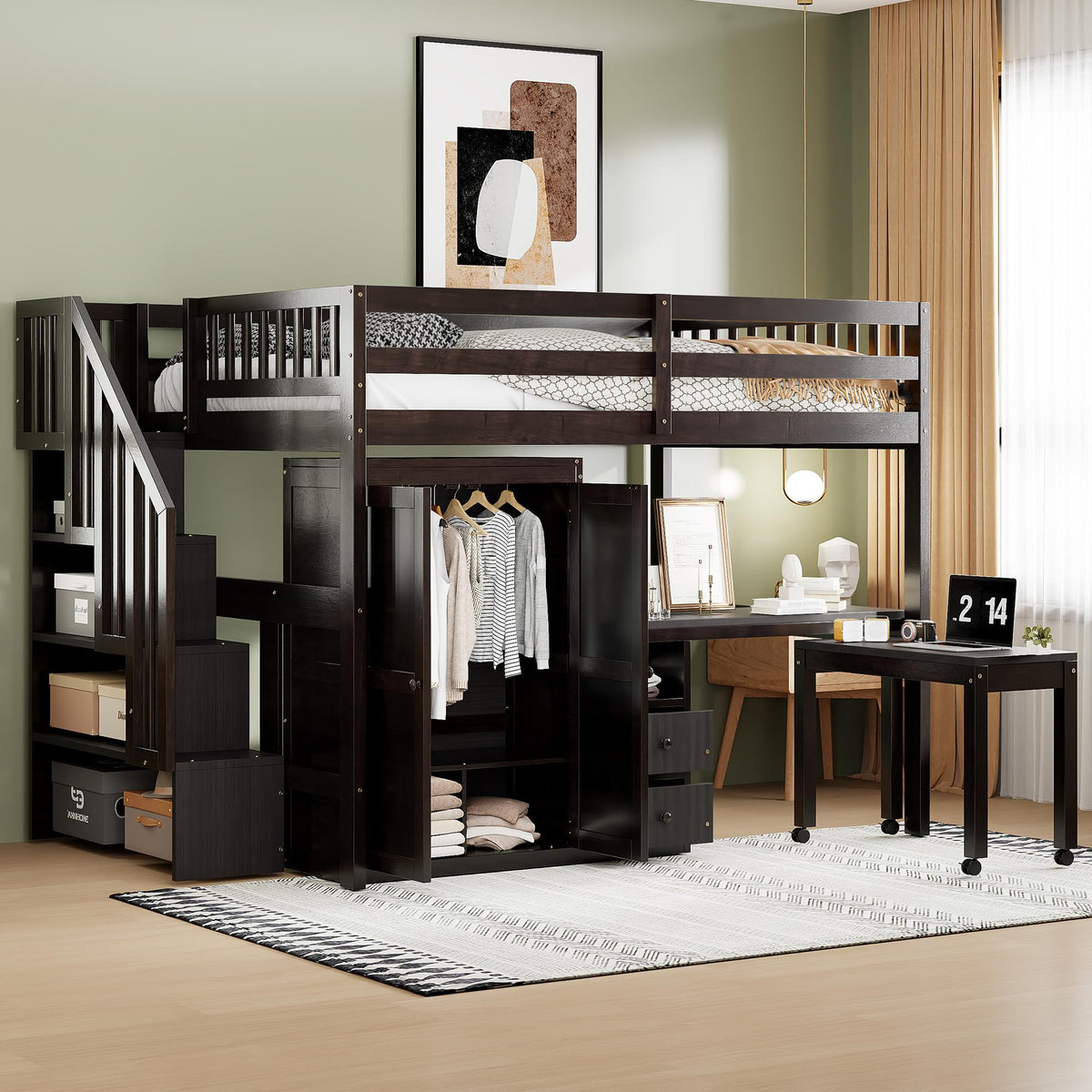 Wooden Loft Bed with Desk & Stairs,Full Size Loft Bed Frame with Wardrobe & Drawers & Shelves,Space Saving Stairway Loft Beds with Slat Suuprt for for Kids Teens Adults,No Box Spring Needed,Espresso