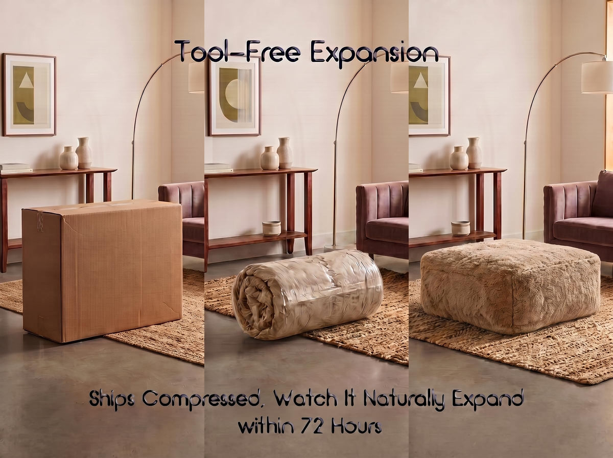 TIRSTICE Oversized Square Ottoman, 31.5" Boneless Ottoman in Luxury Faux Fur, Large Cloud Pouf Footrest for Living Room, Safe Soft Foam Stool & Coffee Table, No Assembly (Light Khaki)