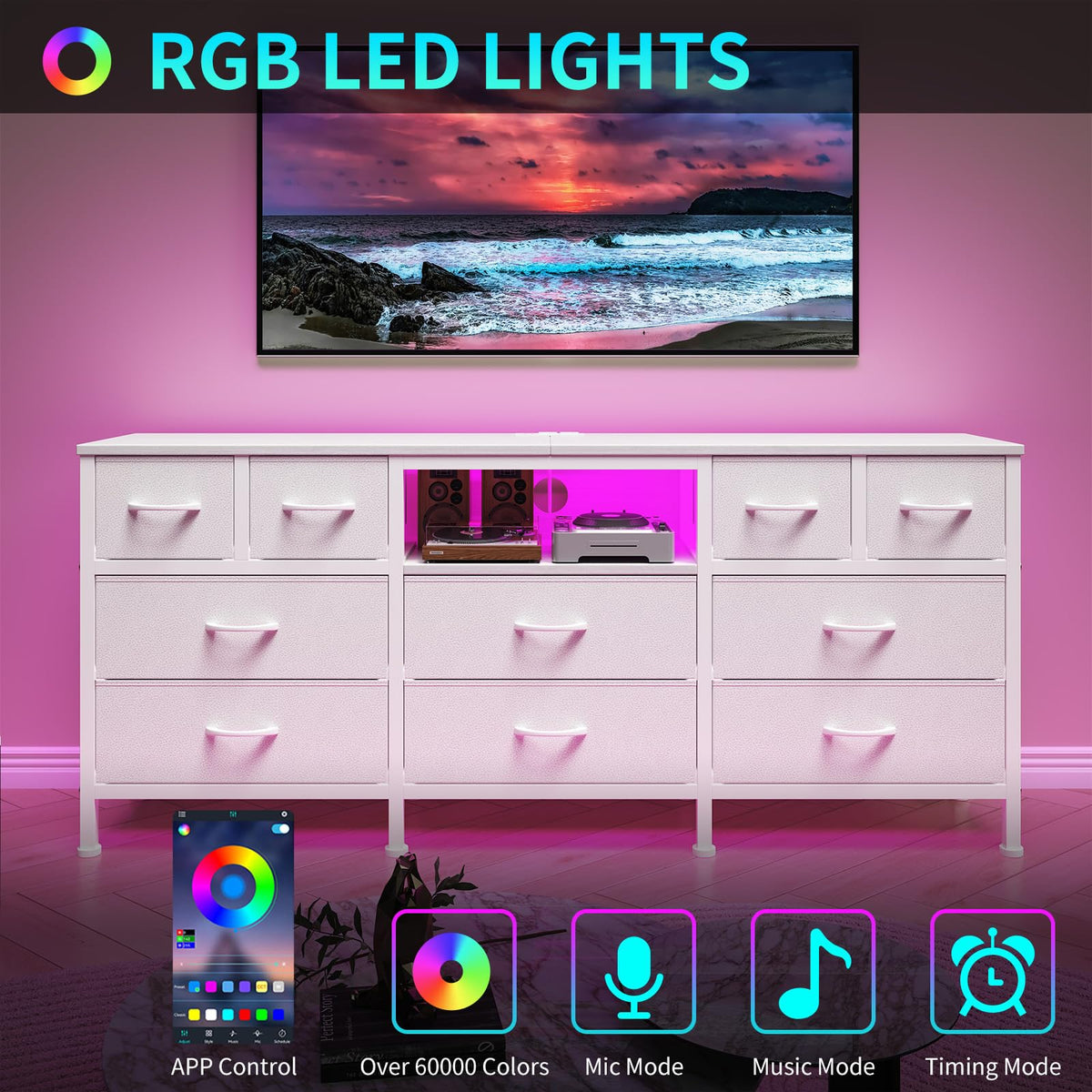 10-Drawer LED Dresser TV Stand