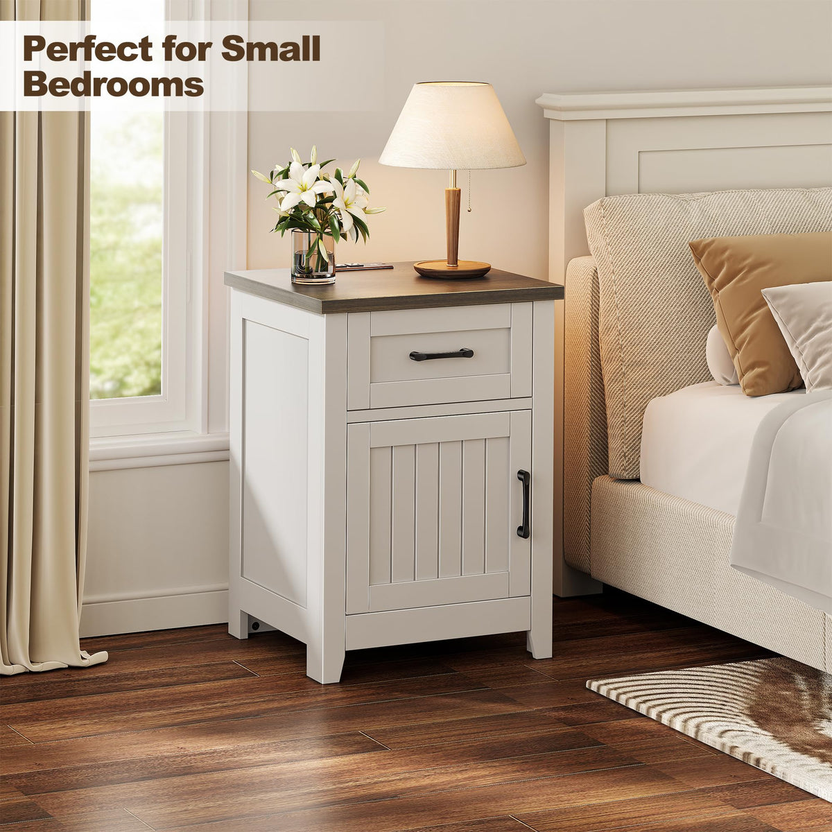 Decofy Farmhouse End Table Set of 2 with Charging Station White