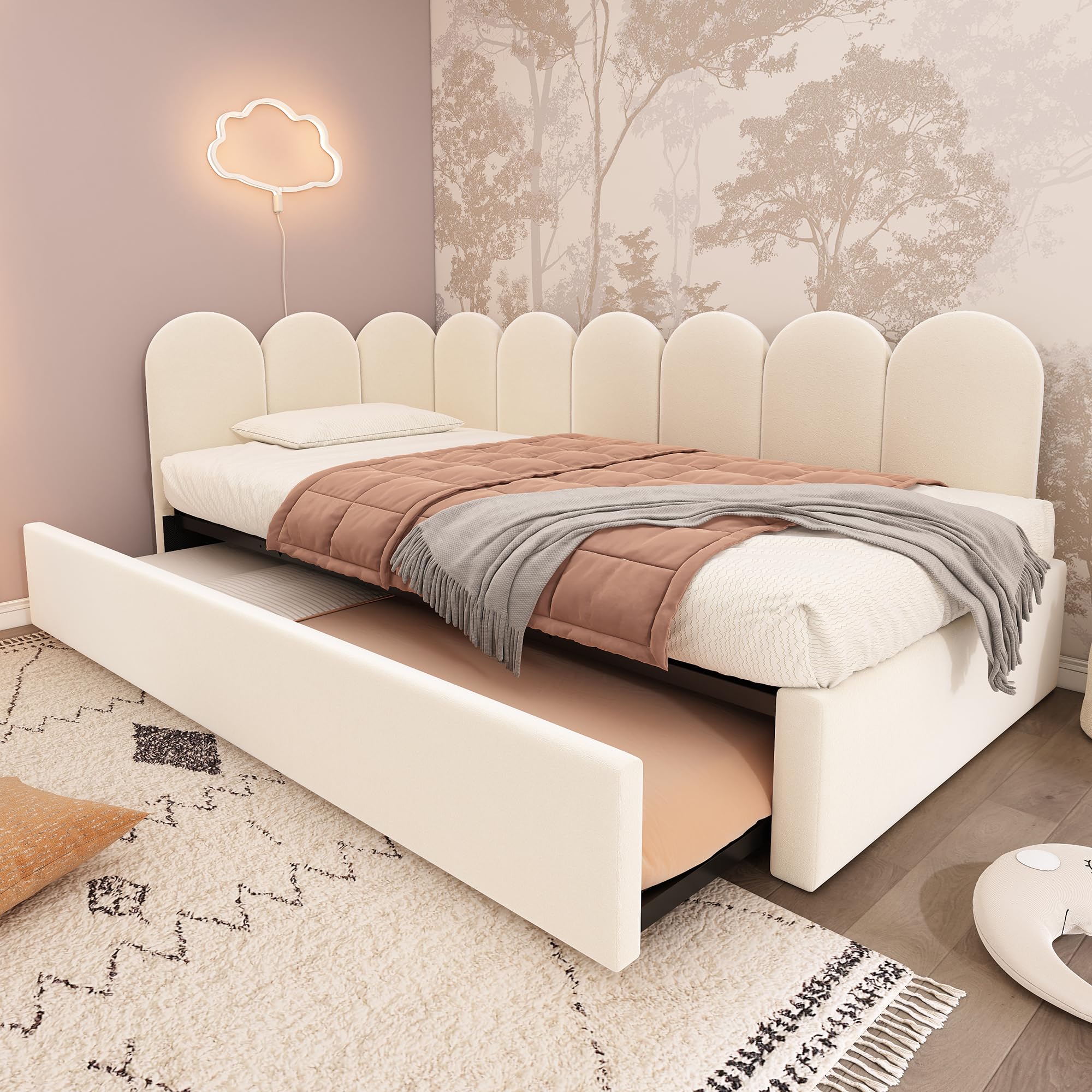 Ball & Cast Twin Size Daybed with Pull Out Trundle,Upholstered Platform Bed for Adults & Kids,Floor Sofa Daybed W/Metal Slat Support,Bedroom Furniture for Apartment,Guest Room,Living Room,Velvet,Beige