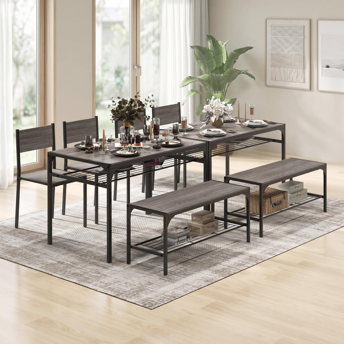 COSTWAY Dining Table Set for 4 with Bench & 2 Chairs, Storage Racks, Grey