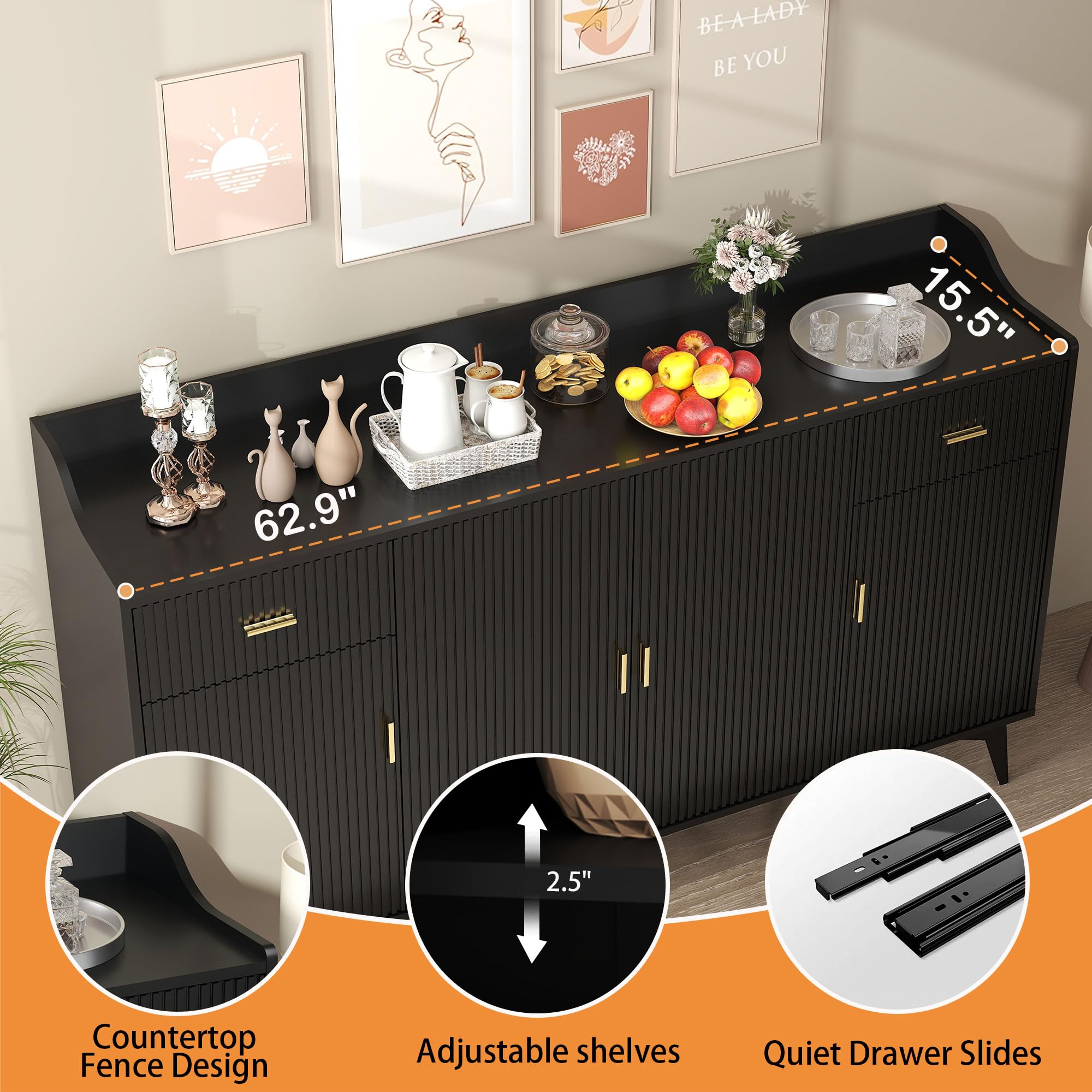 Black Fluted Sideboard Buffet Cabinet with Storage