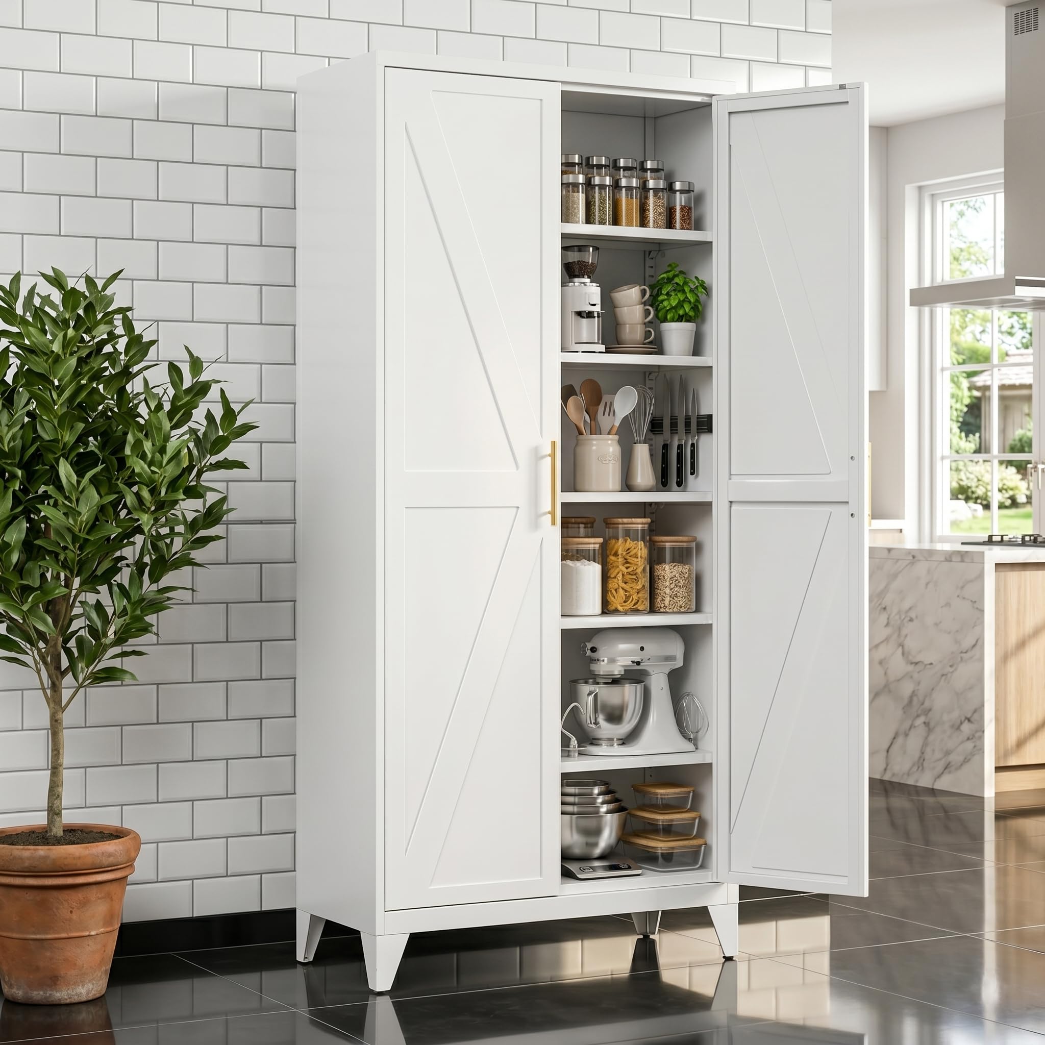 GangMei 75.3 in Metal Kitchen Pantry Cabinet, White, 5 Adjustable Shelves