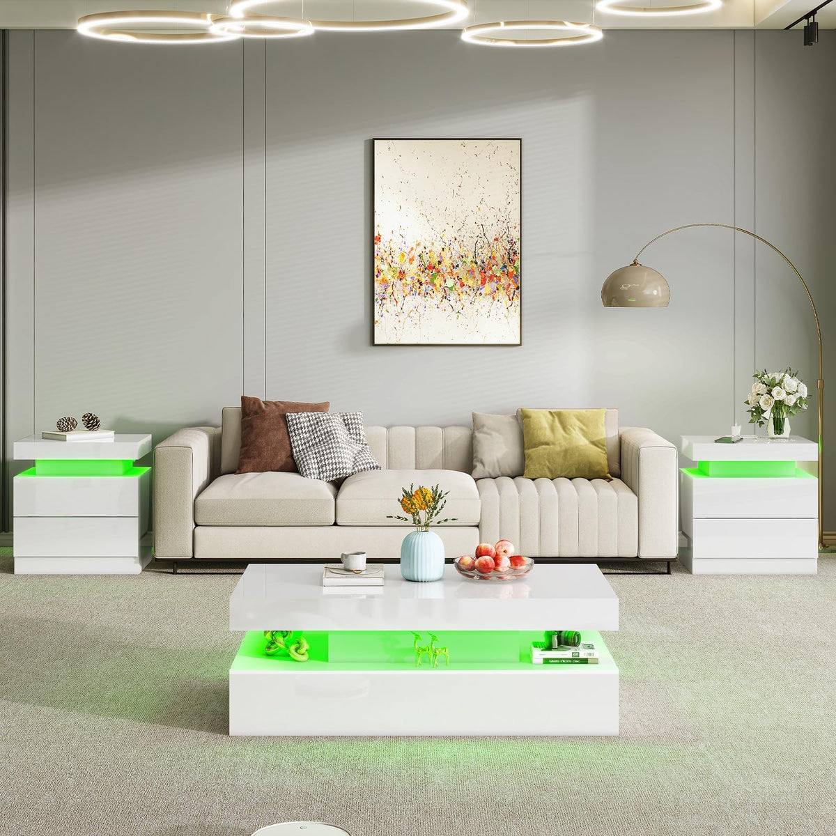 AMERLIFE 3-Piece High Gloss Coffee Table Set with LED Lights