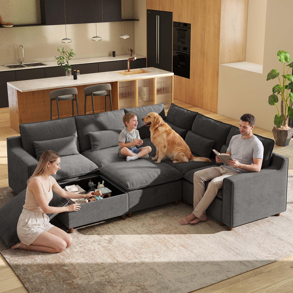 Ihanherry 134" Oversized Modular Sectional Sofa with Storage Ottomans, Chenille Cloud Couch with Deep Seat and Seamless Backrest, Couches for Living Room, Grey