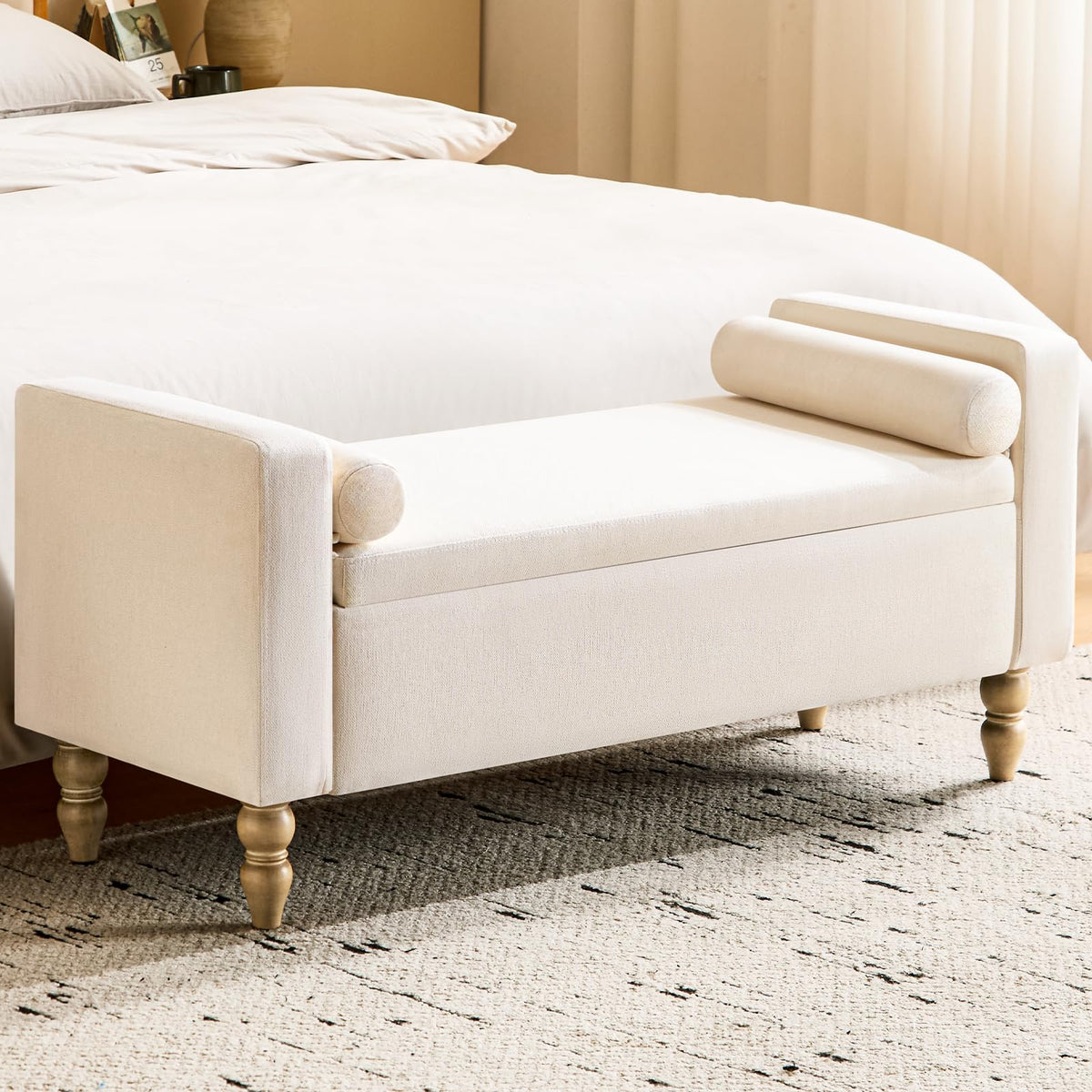 Storage Ottoman Bench, Upholstered End of Bed Bench Linen 45.7" Beige