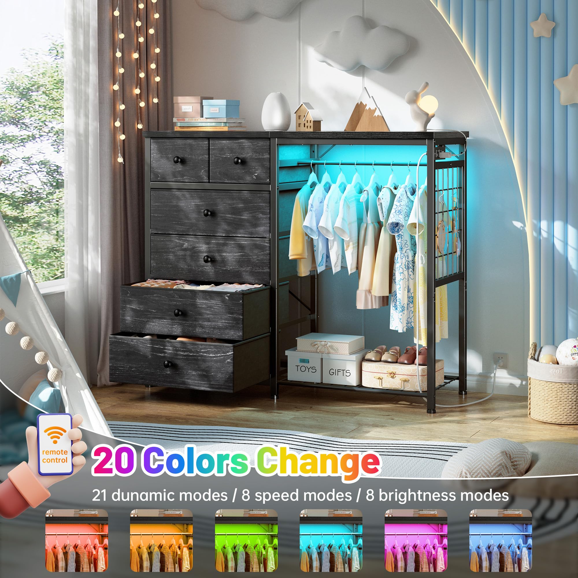 EnHomee 49.2" W Dresser for Bedroom with Hanging Rack 6 Drawers Dresser with LED Lights & Charging Station, Fabric Dressers & Chest of Drawers with 4 Hooks, Wooden Top, Grid Panel, Black