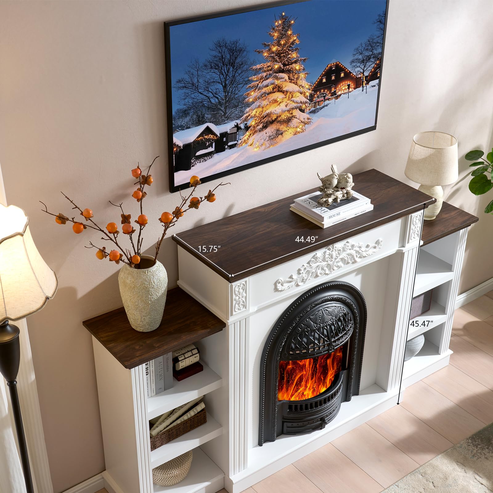 46" Tall Birdcage Electric Fireplace TV Stand with Mantel & Storage
