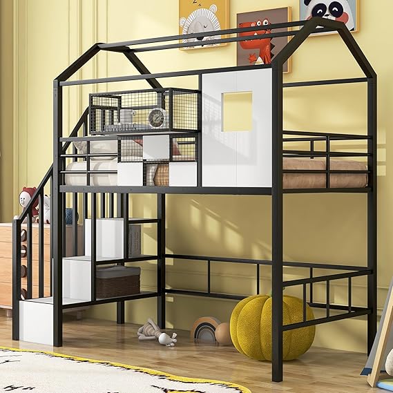 Twin Size House Loft Bed with Stairs & Storage