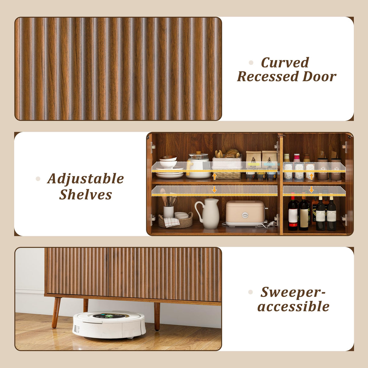 LYNCOHOME Fluted Sideboard Buffet Cabinet with Storage,2 Drawers and 3 Doors,Wood Coffee Bar Cabinet with Solid Wood Feet for Kitchen,Hallway
