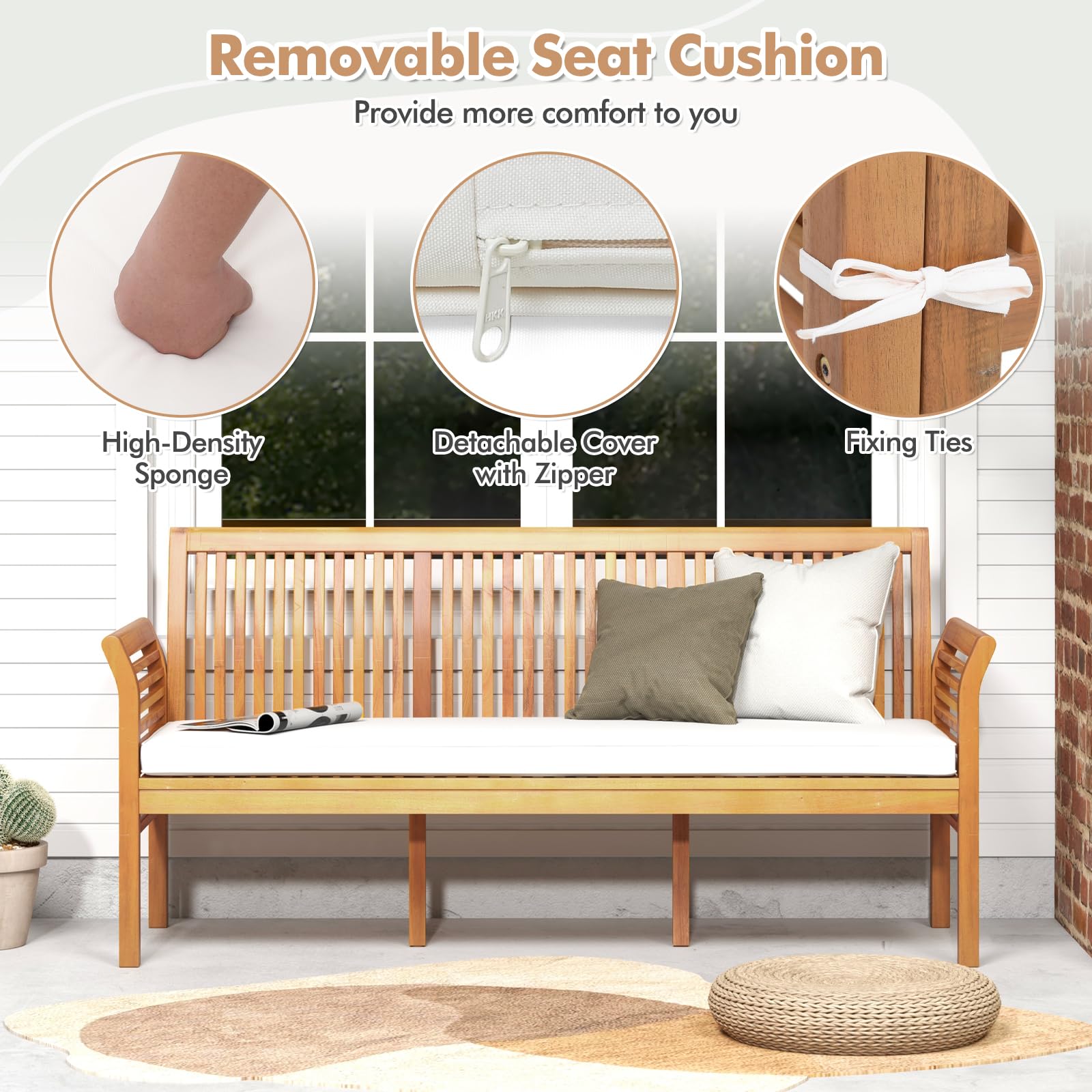 3-Seat Outdoor Wood Bench with Cushion