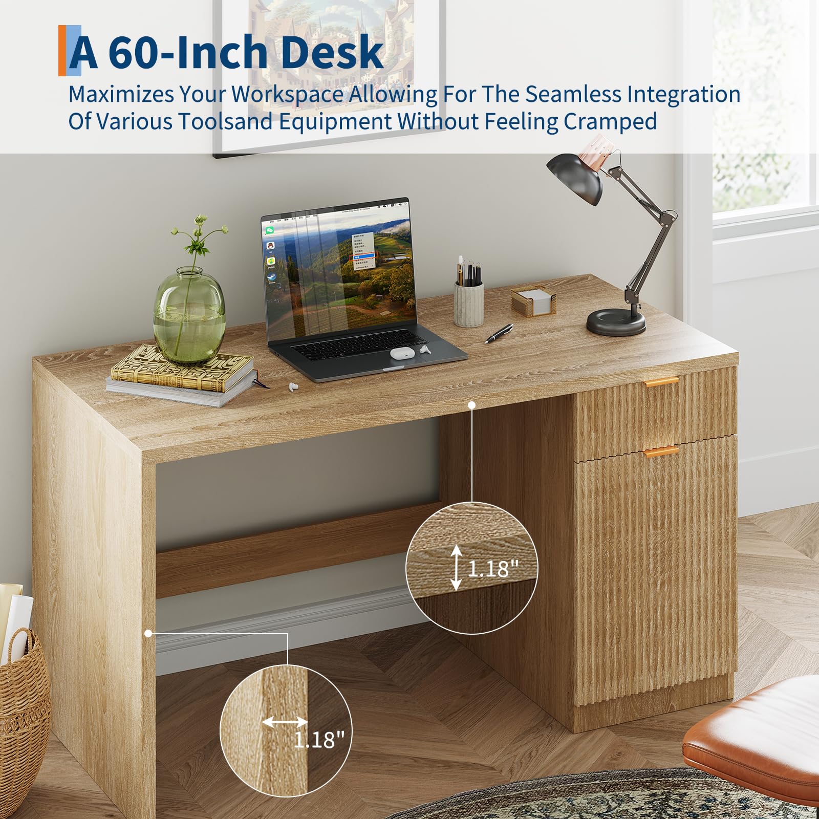 60" Fluted Executive Desk with Storage Cabinet