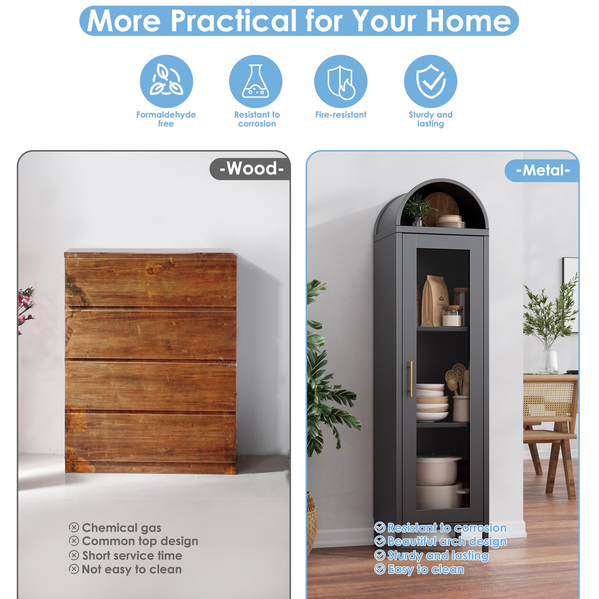 Arched Metal Display Cabinet with Glass Door