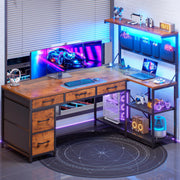 L-Shaped Desk with Hutch, Drawers & LED Lights