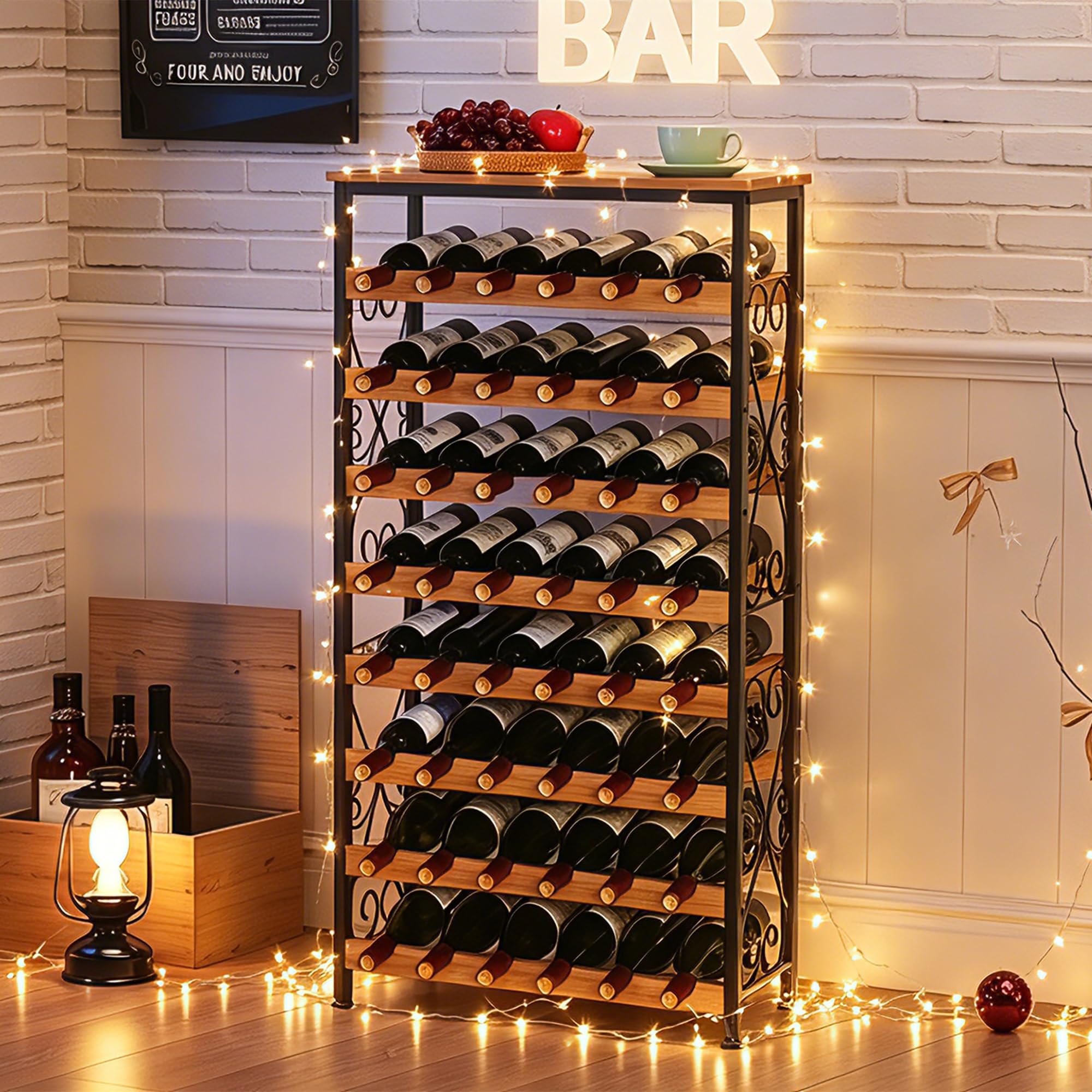 Sonyabecca 48 Bottle Wine Rack Freestanding Floor with Wood Top,8-Tier Wine Storage Shelf with Serving Station, Wine Holder for Kitchen, Bar, Dining Room, Home Bar Cabinet for Wine Bottles, No Wobble
